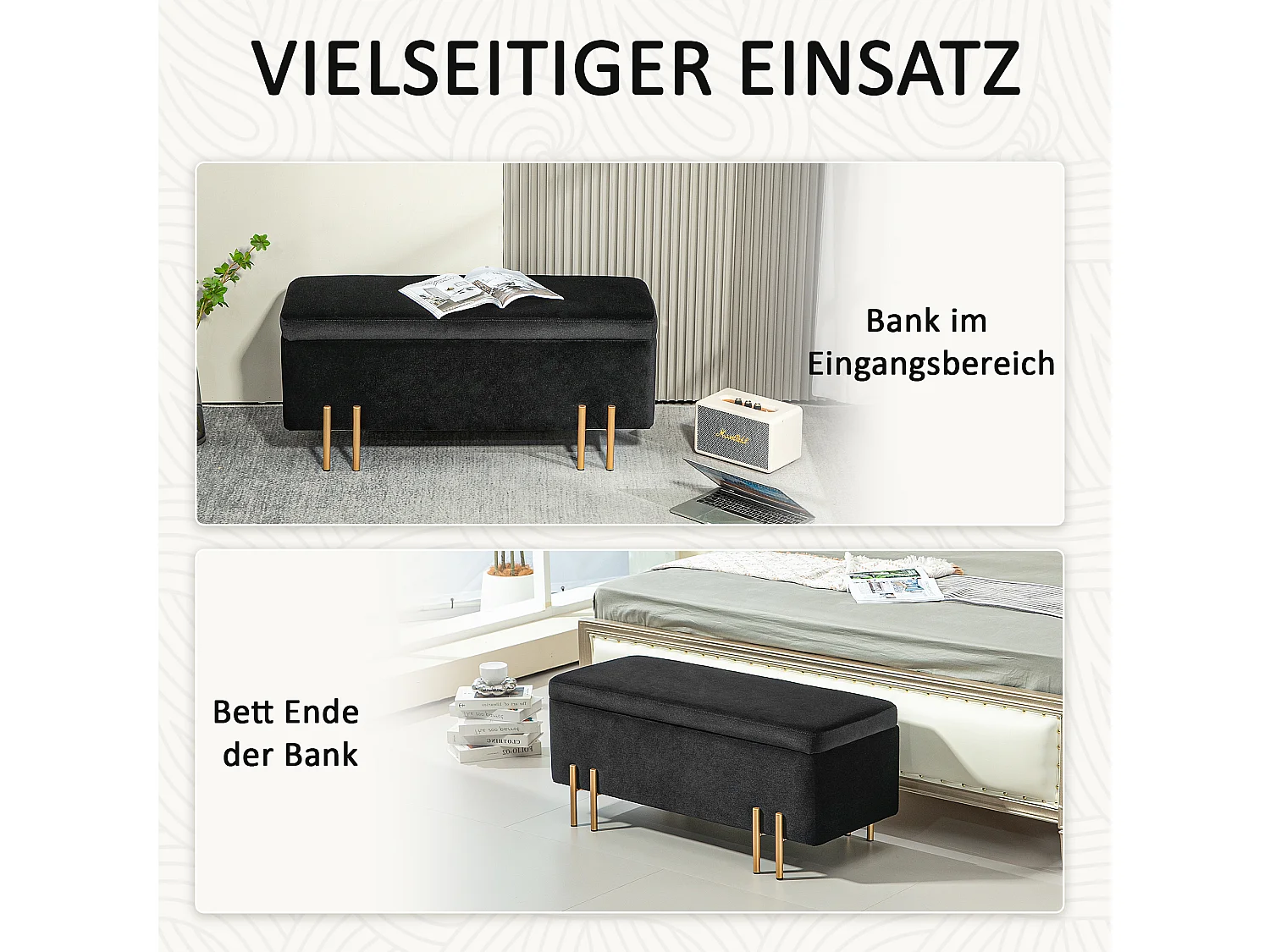 Banc coffre de rangement, tissu et bois, rembourré, noir, multifonctionnel (100x40x42cm)