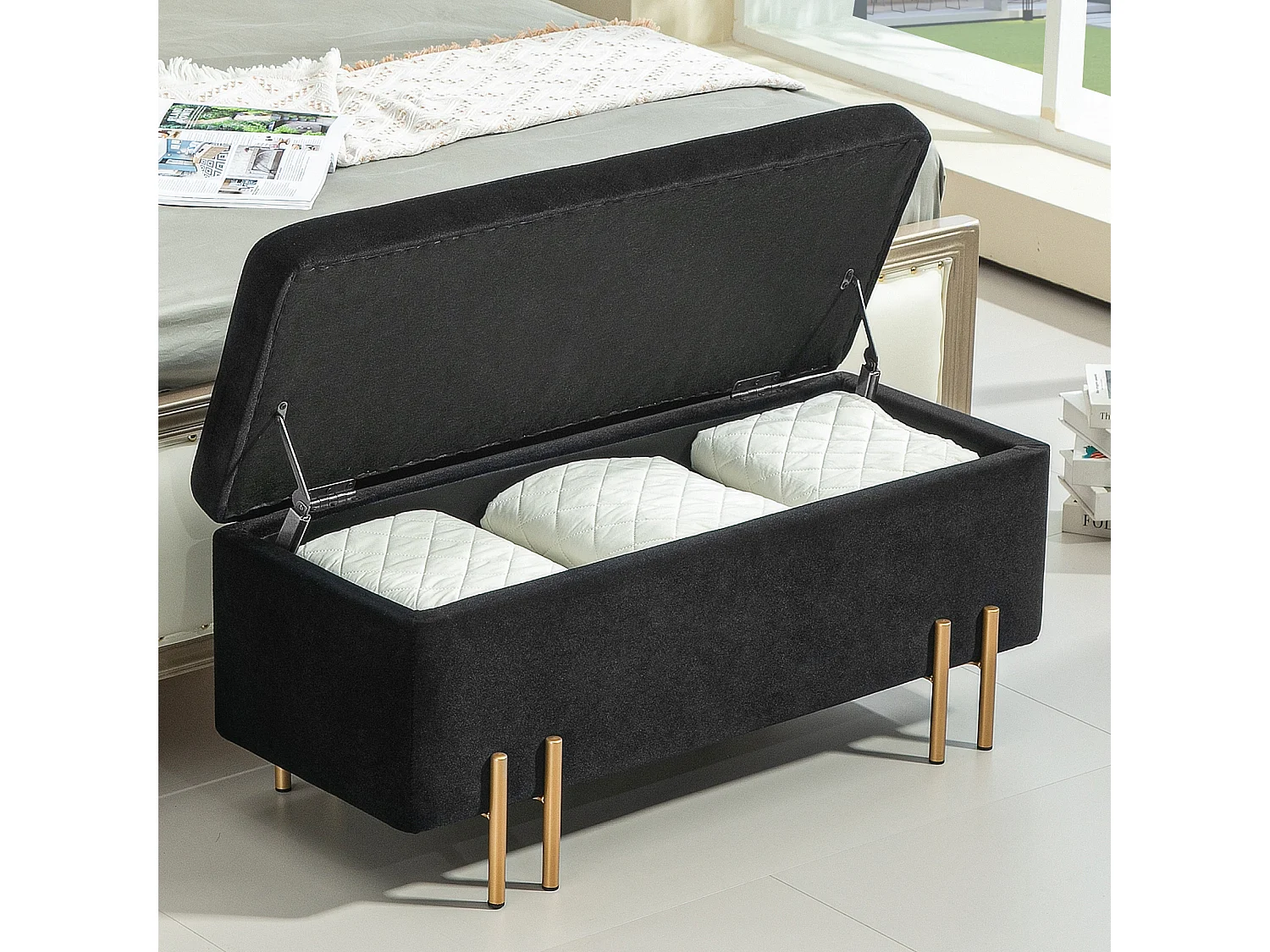 Banc coffre de rangement, tissu et bois, rembourré, noir, multifonctionnel (100x40x42cm)