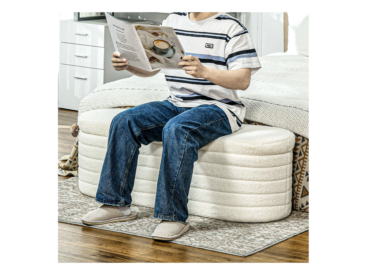 Banc lit rembourré avec rangement, pieds en bois, tissu teddy doux, capacité 120 kg, crème (116x41x40.5cm)