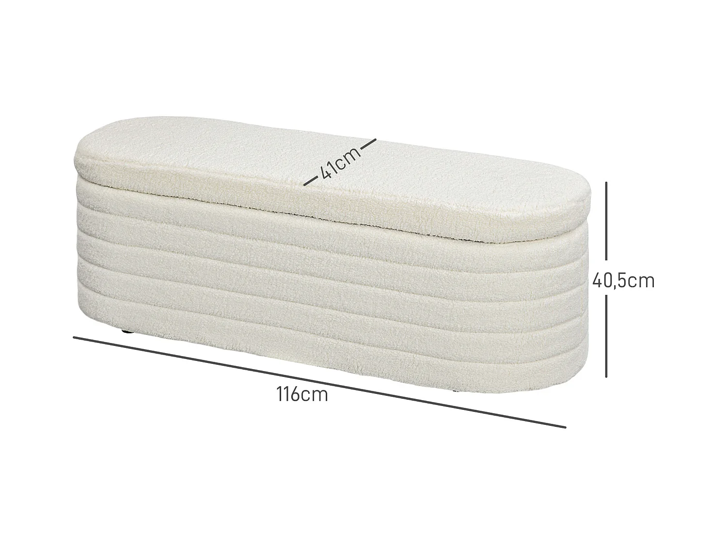 Banc lit rembourré avec rangement, pieds en bois, tissu teddy doux, capacité 120 kg, crème (116x41x40.5cm)