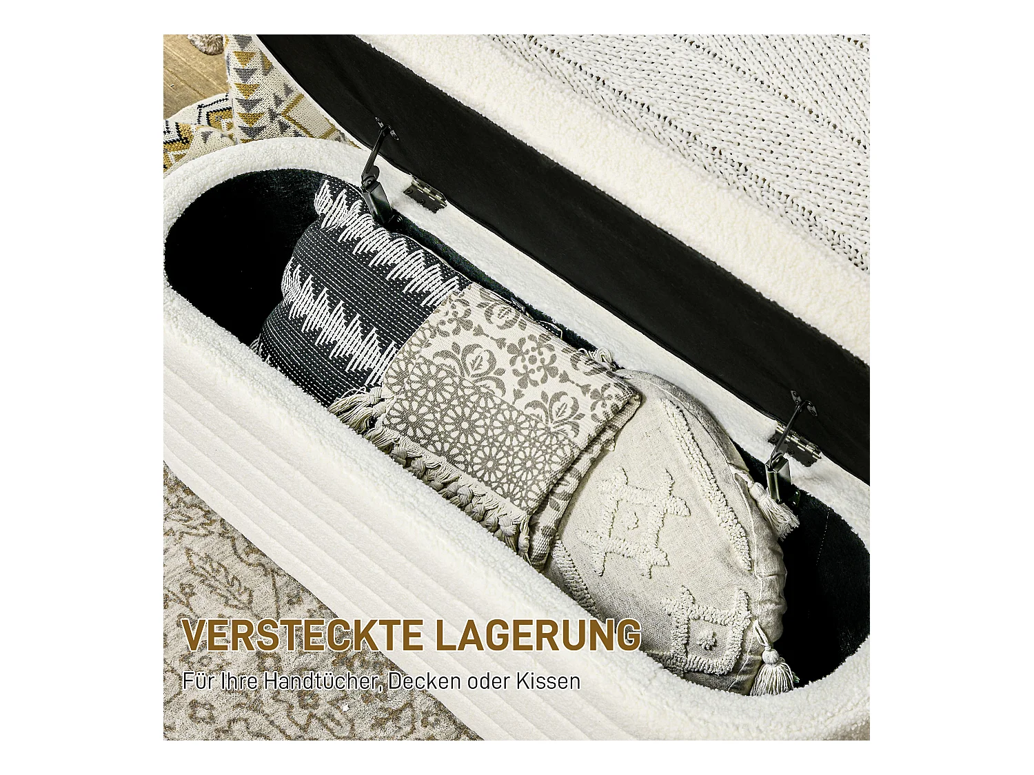 Banc lit rembourré avec rangement, pieds en bois, tissu teddy doux, capacité 120 kg, crème (116x41x40.5cm)