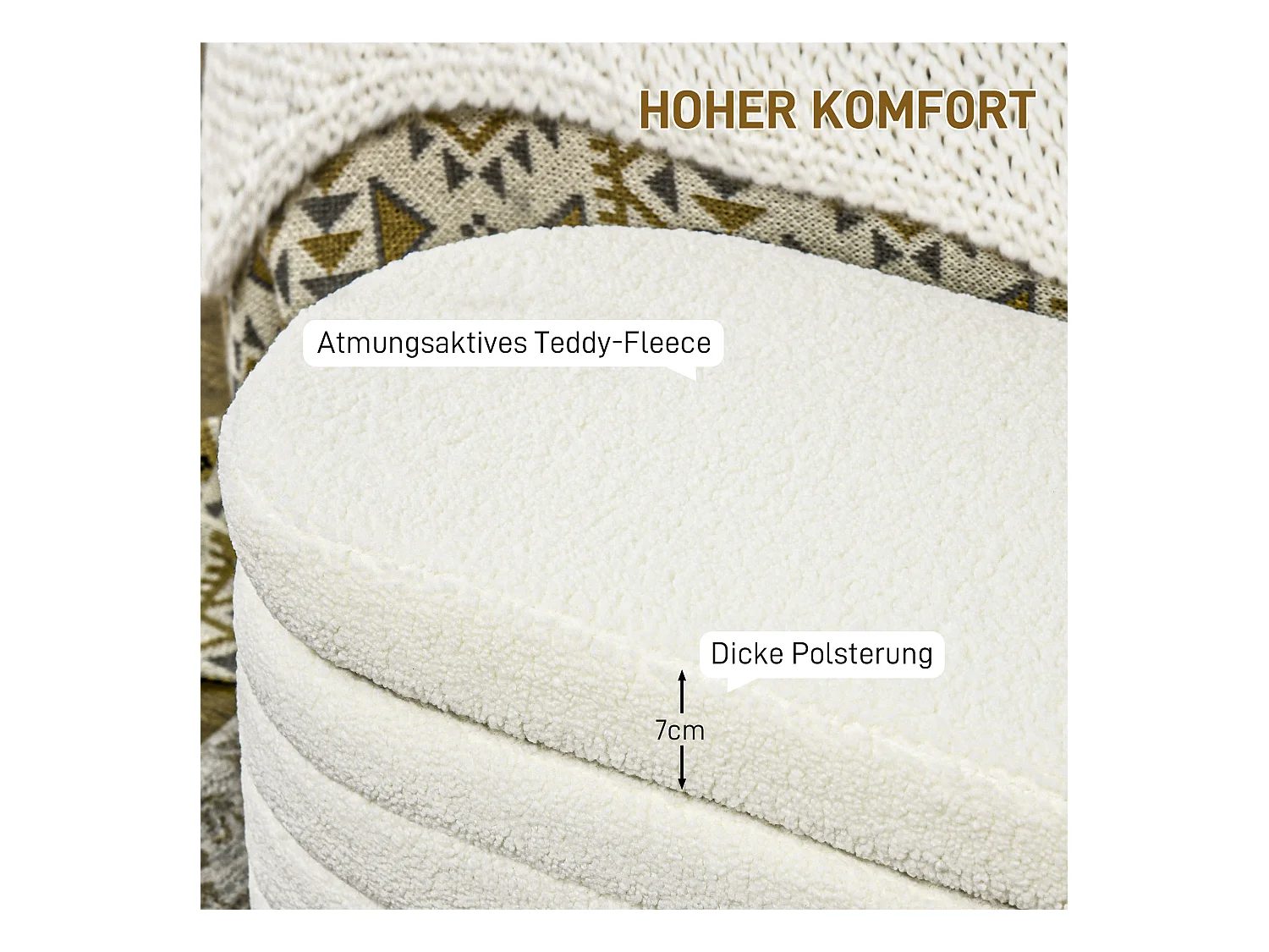 Banc lit rembourré avec rangement, pieds en bois, tissu teddy doux, capacité 120 kg, crème (116x41x40.5cm)