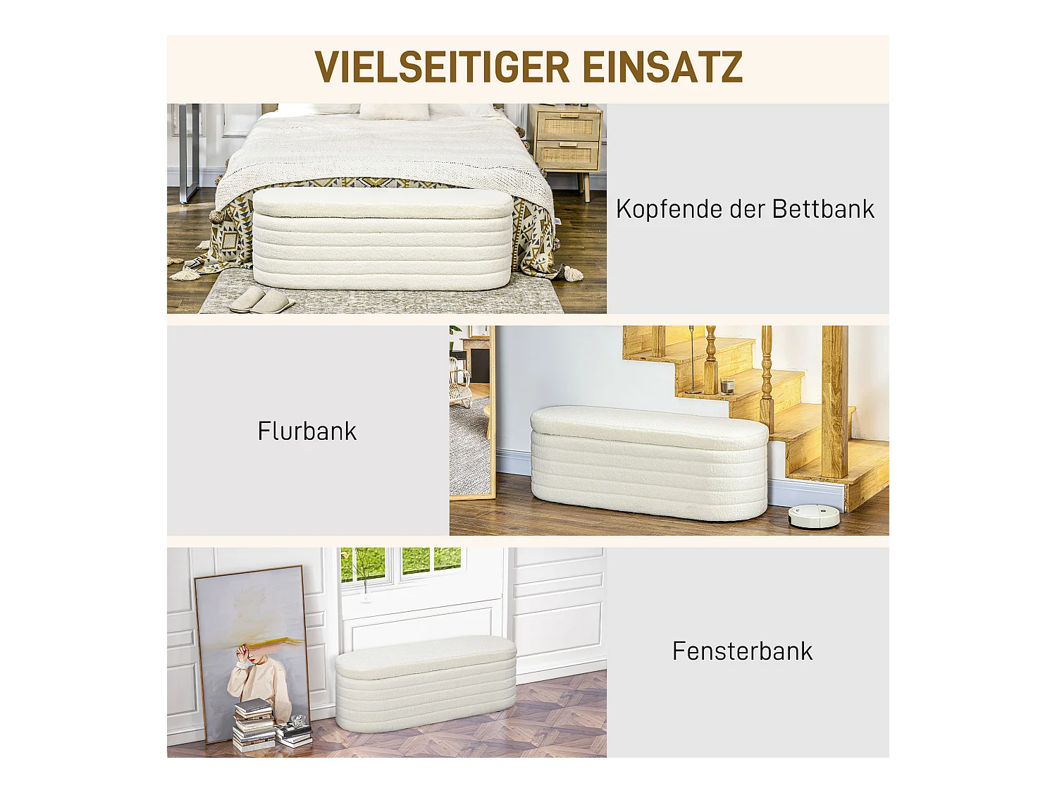 Banc lit rembourré avec rangement, pieds en bois, tissu teddy doux, capacité 120 kg, crème (116x41x40.5cm)