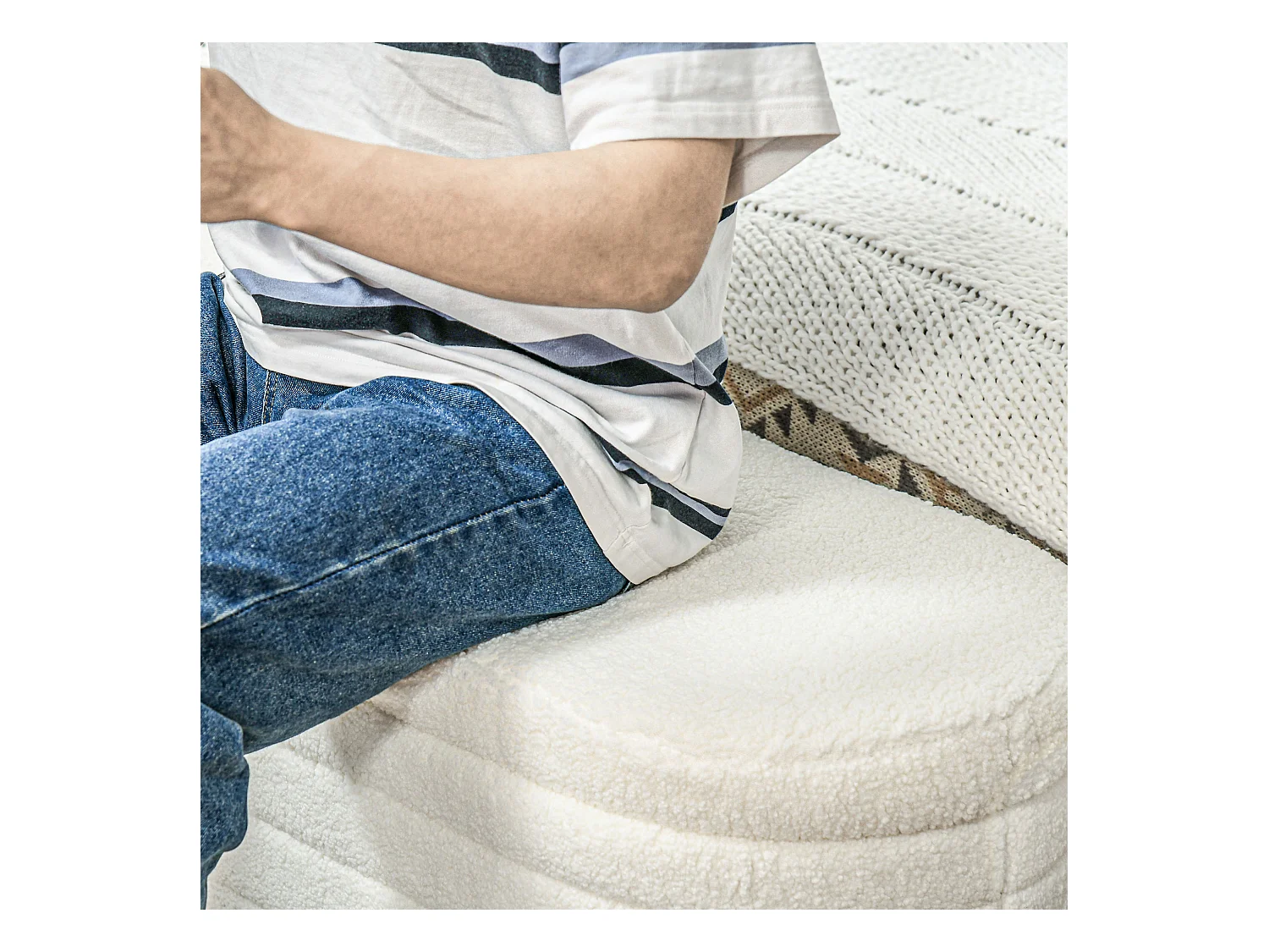 Banc lit rembourré avec rangement, pieds en bois, tissu teddy doux, capacité 120 kg, crème (116x41x40.5cm)
