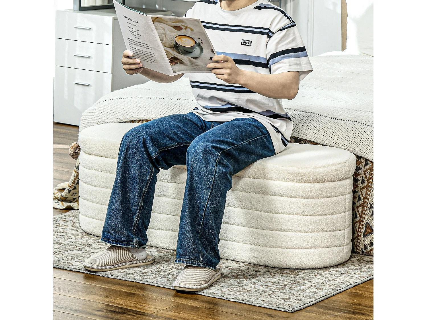 Banc lit rembourré avec rangement, pieds en bois, tissu teddy doux, capacité 120 kg, crème (116x41x40.5cm)
