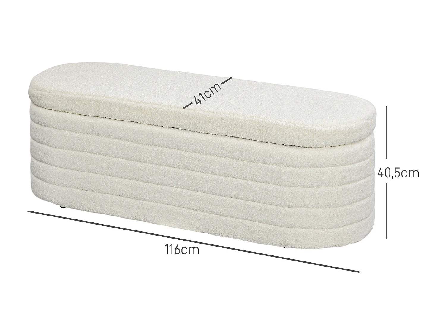 Banc lit rembourré avec rangement, pieds en bois, tissu teddy doux, capacité 120 kg, crème (116x41x40.5cm)