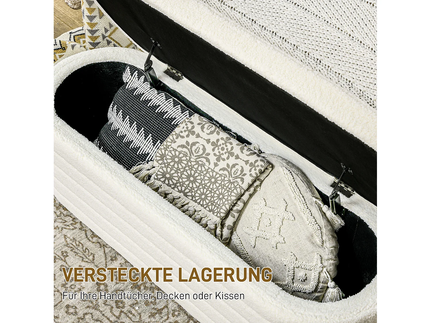 Banc lit rembourré avec rangement, pieds en bois, tissu teddy doux, capacité 120 kg, crème (116x41x40.5cm)