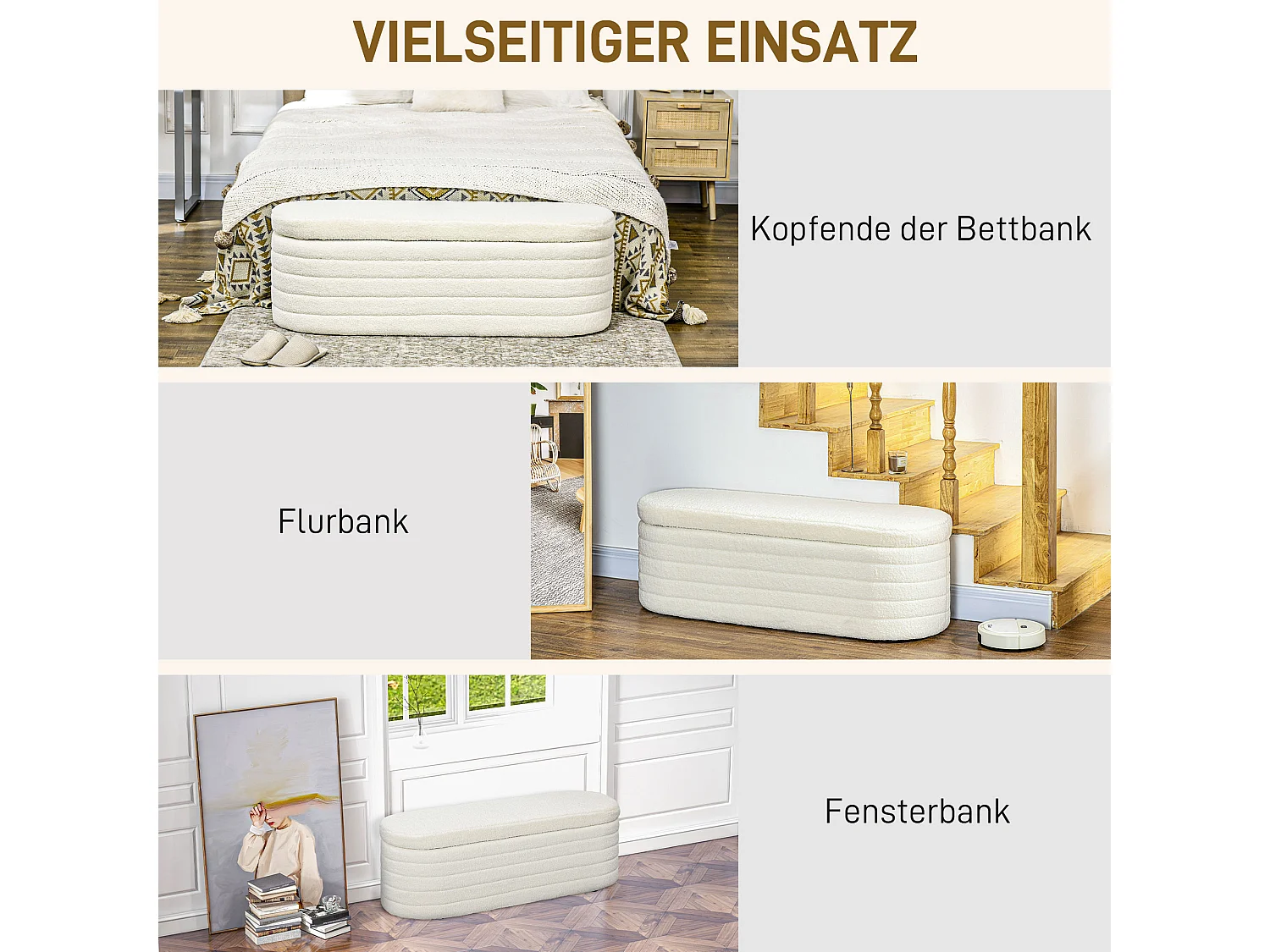 Banc lit rembourré avec rangement, pieds en bois, tissu teddy doux, capacité 120 kg, crème (116x41x40.5cm)