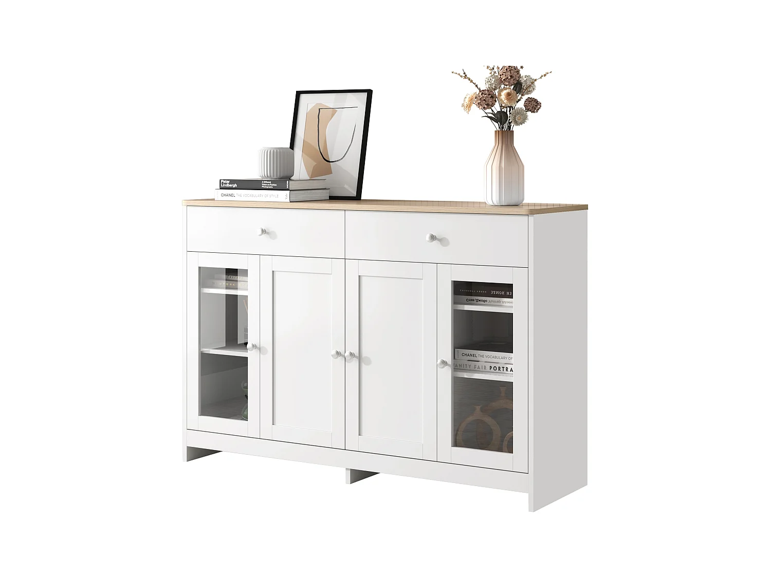 Buffet avec 4 portes et 2 tiroirs, design bois et blanc, MDF (120x37x80 cm)
