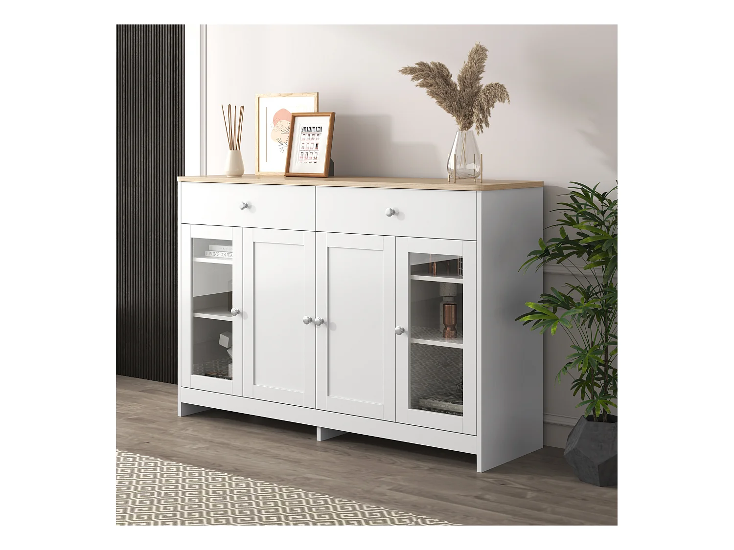 Buffet avec 4 portes et 2 tiroirs, design bois et blanc, MDF (120x37x80 cm)