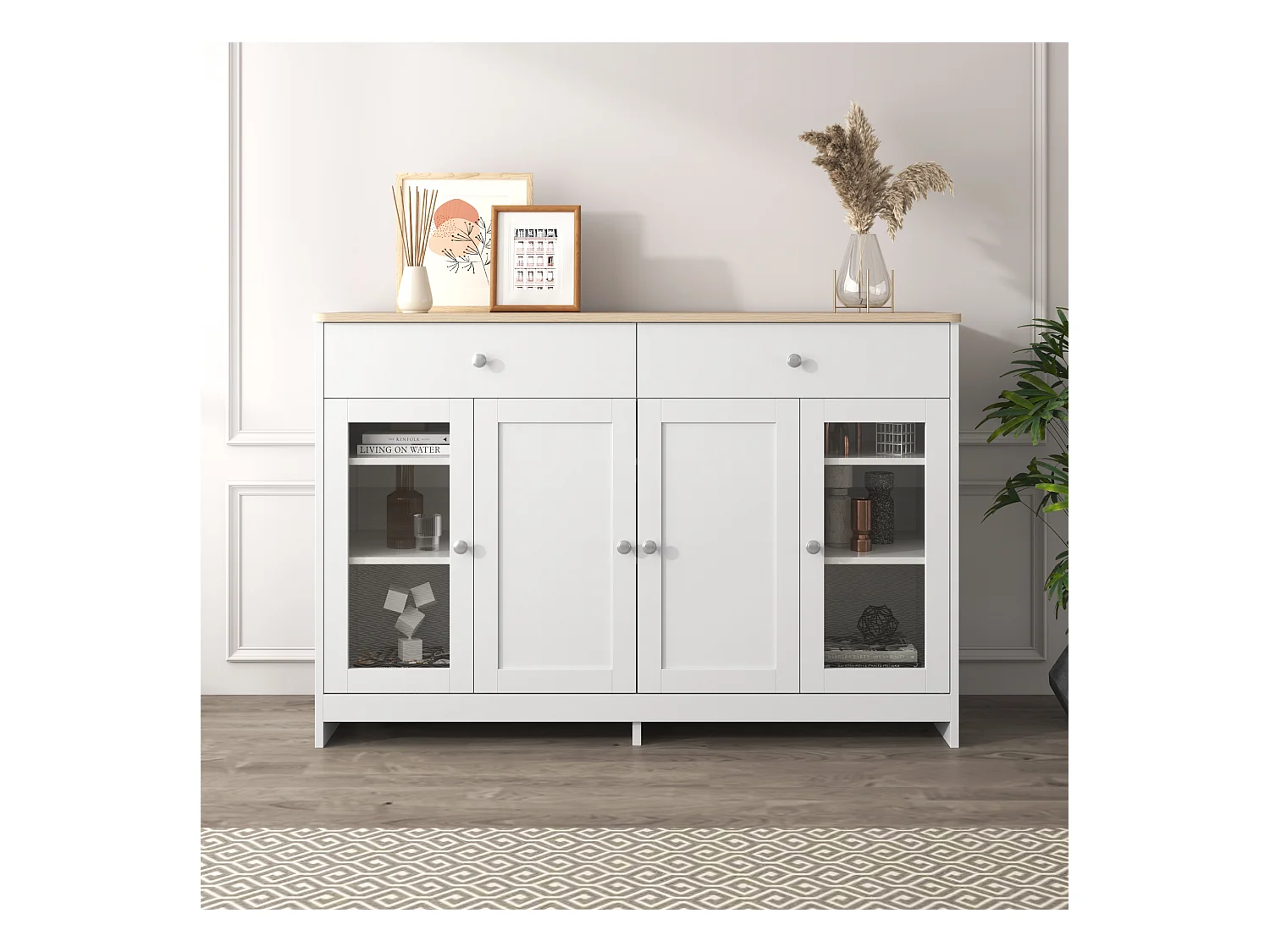 Buffet avec 4 portes et 2 tiroirs, design bois et blanc, MDF (120x37x80 cm)
