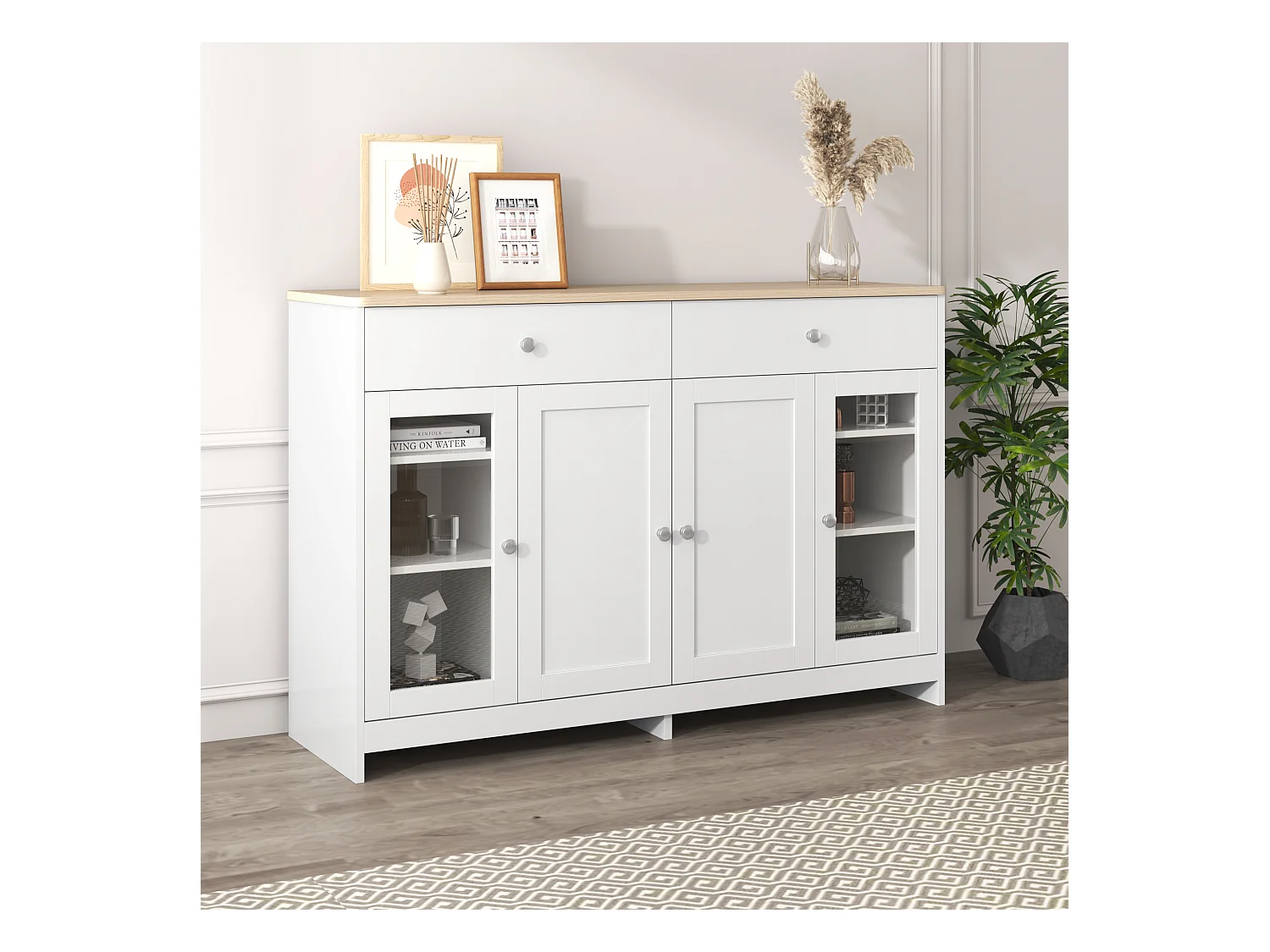 Buffet avec 4 portes et 2 tiroirs, design bois et blanc, MDF (120x37x80 cm)