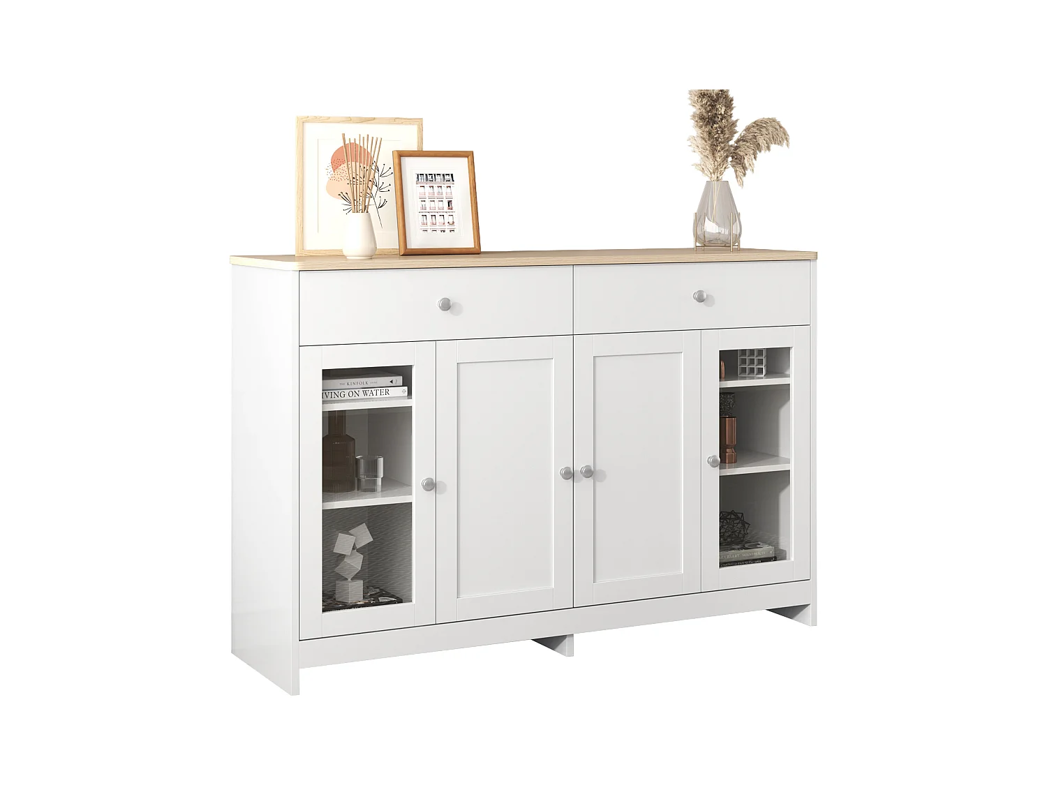 Buffet avec 4 portes et 2 tiroirs, design bois et blanc, MDF (120x37x80 cm)