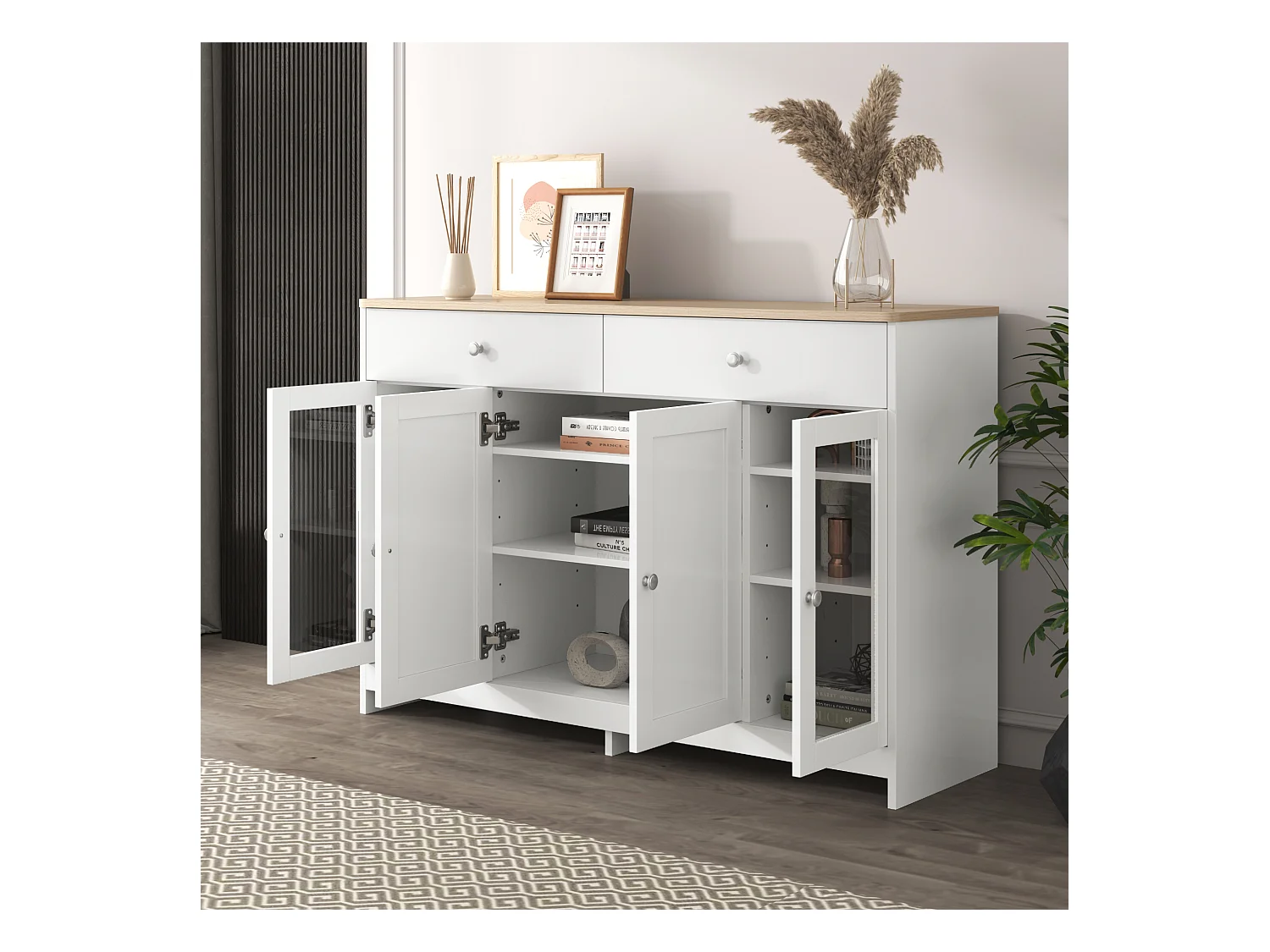 Buffet avec 4 portes et 2 tiroirs, design bois et blanc, MDF (120x37x80 cm)