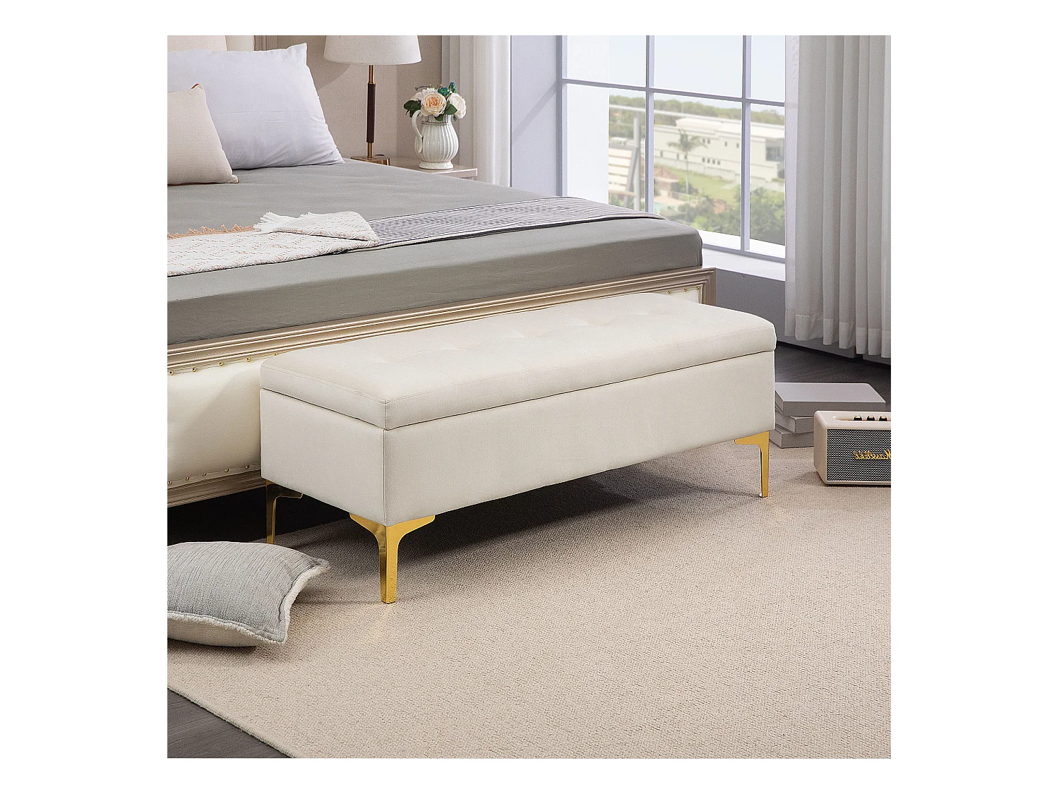 Banc de Rangement, Design Rétro, Tissu Velouté, Pieds Métalliques Dorés, Beige (120x44x44.5 cm)