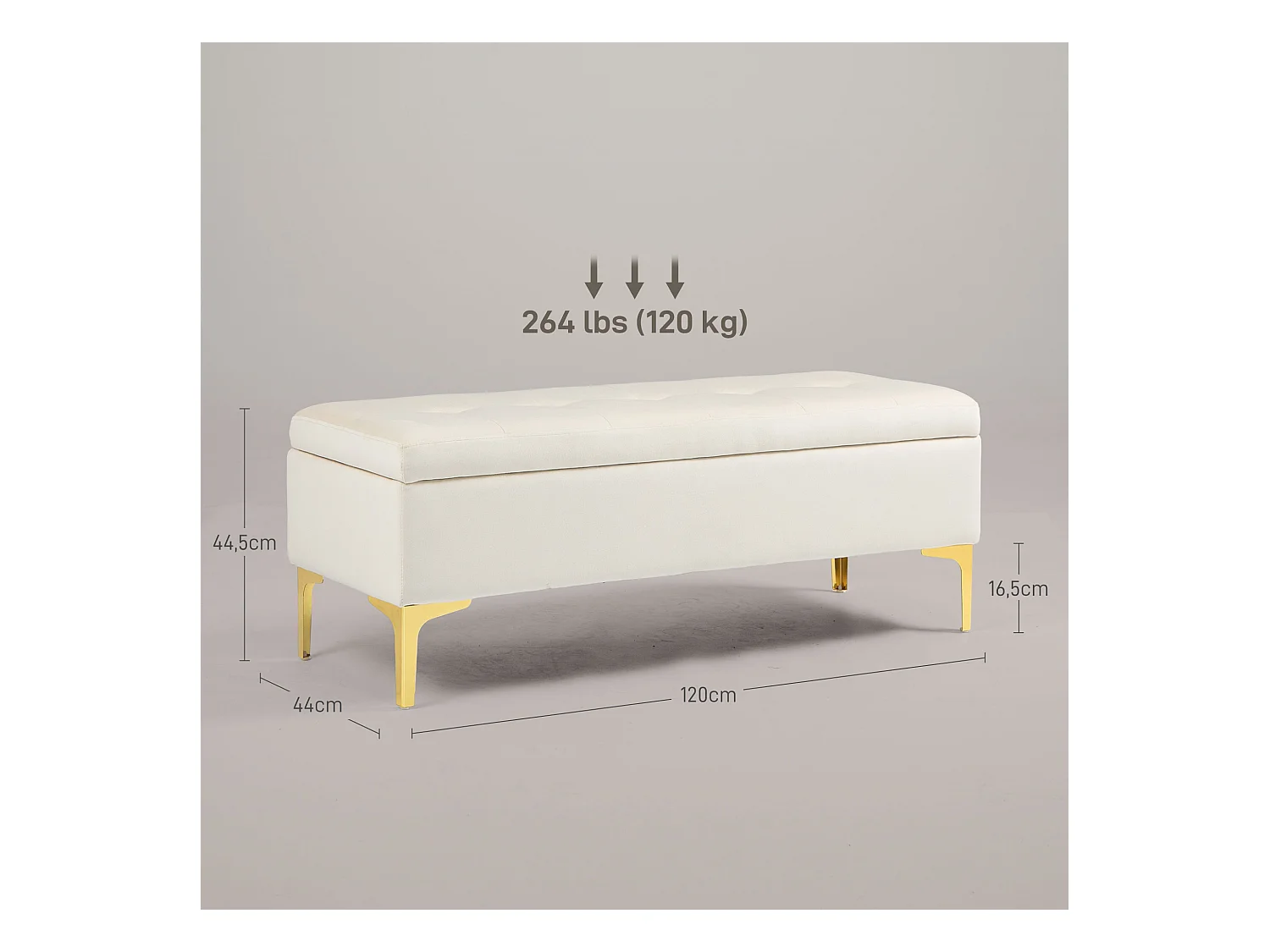 Banc de Rangement, Design Rétro, Tissu Velouté, Pieds Métalliques Dorés, Beige (120x44x44.5 cm)