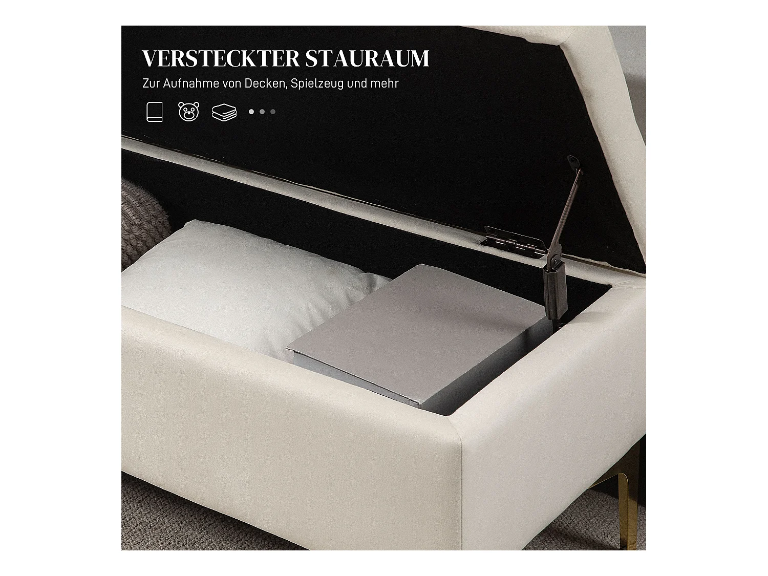 Banc de Rangement, Design Rétro, Tissu Velouté, Pieds Métalliques Dorés, Beige (120x44x44.5 cm)