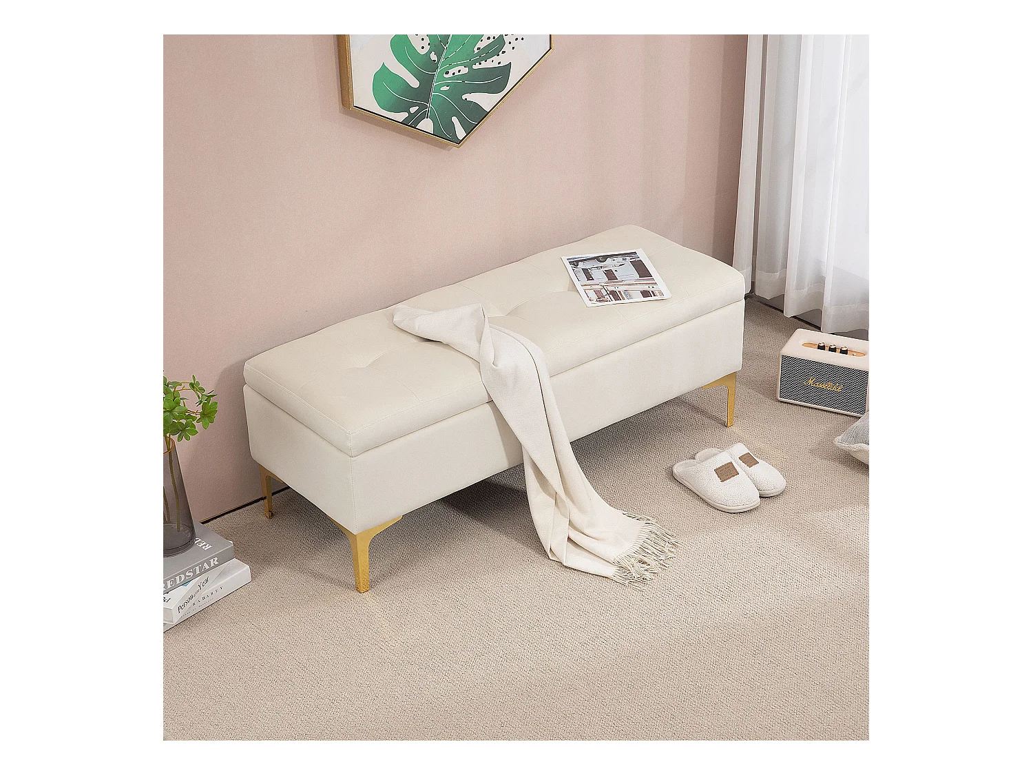 Banc de Rangement, Design Rétro, Tissu Velouté, Pieds Métalliques Dorés, Beige (120x44x44.5 cm)