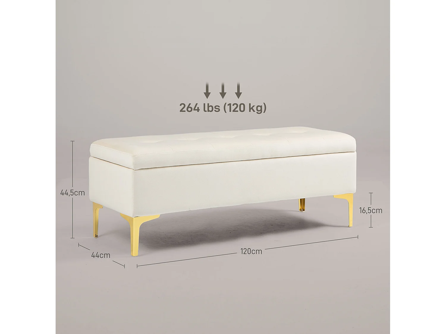 Banc de Rangement, Design Rétro, Tissu Velouté, Pieds Métalliques Dorés, Beige (120x44x44.5 cm)