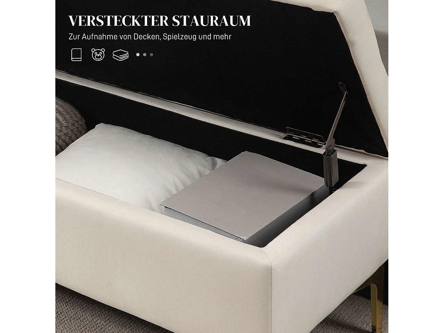 Banc de Rangement, Design Rétro, Tissu Velouté, Pieds Métalliques Dorés, Beige (120x44x44.5 cm)