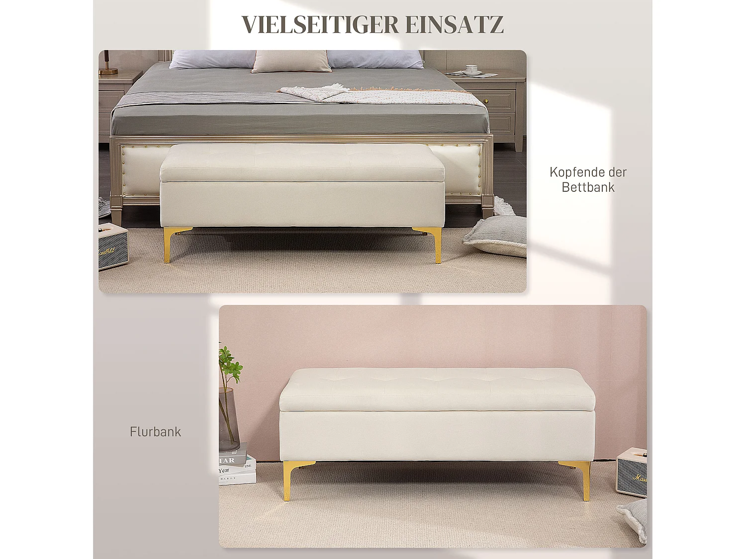 Banc de Rangement, Design Rétro, Tissu Velouté, Pieds Métalliques Dorés, Beige (120x44x44.5 cm)