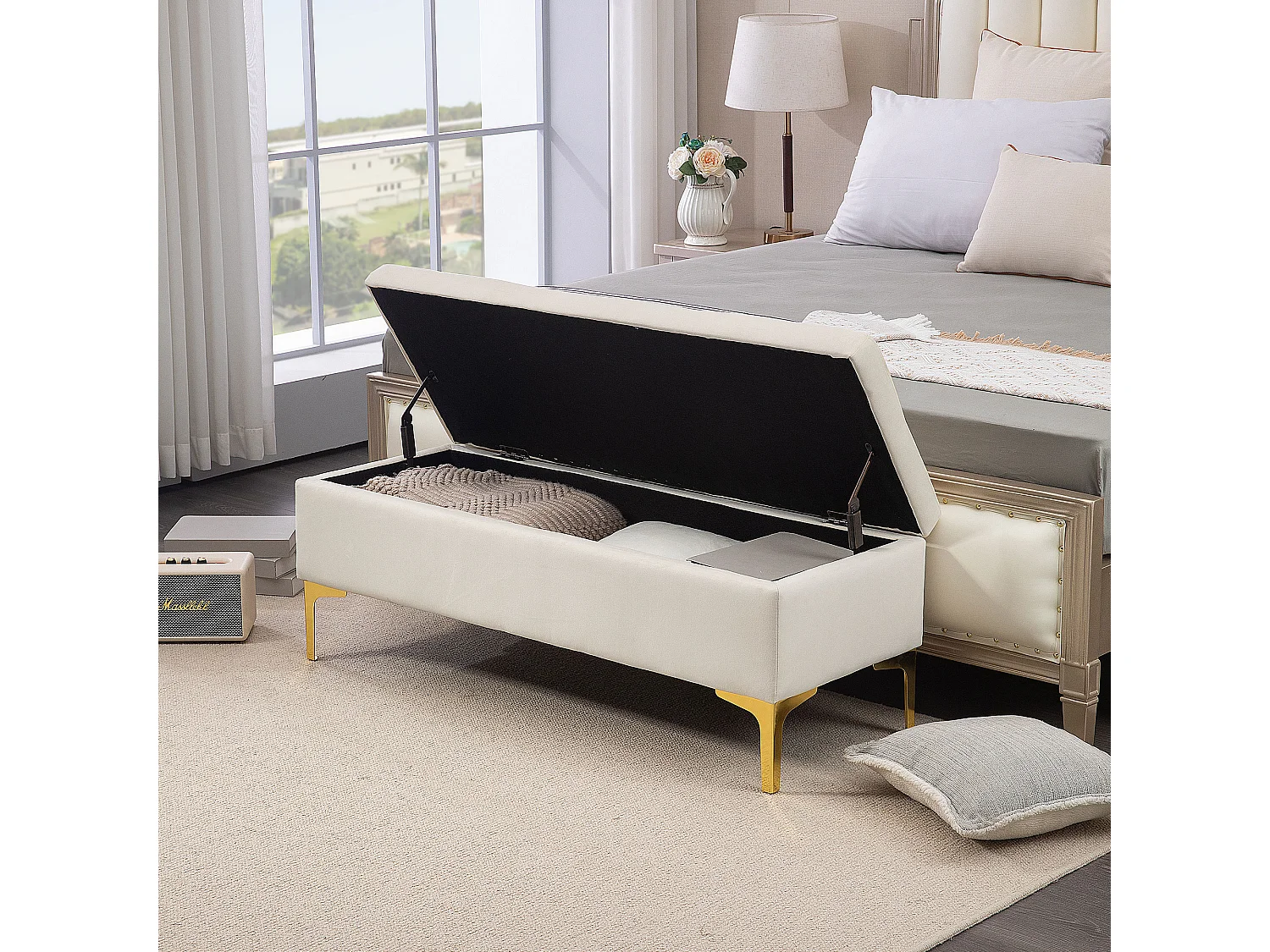 Banc de Rangement, Design Rétro, Tissu Velouté, Pieds Métalliques Dorés, Beige (120x44x44.5 cm)