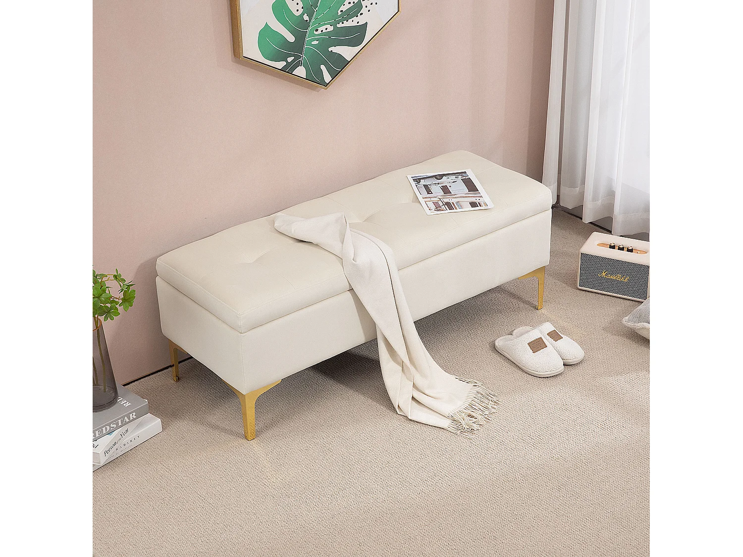 Banc de Rangement, Design Rétro, Tissu Velouté, Pieds Métalliques Dorés, Beige (120x44x44.5 cm)