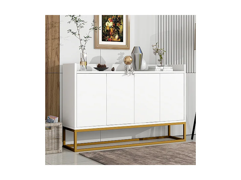 Buffet moderne minimaliste, 4 portes sans poignées, pour salon, cuisine, MDF, blanc (120x30x80 cm)