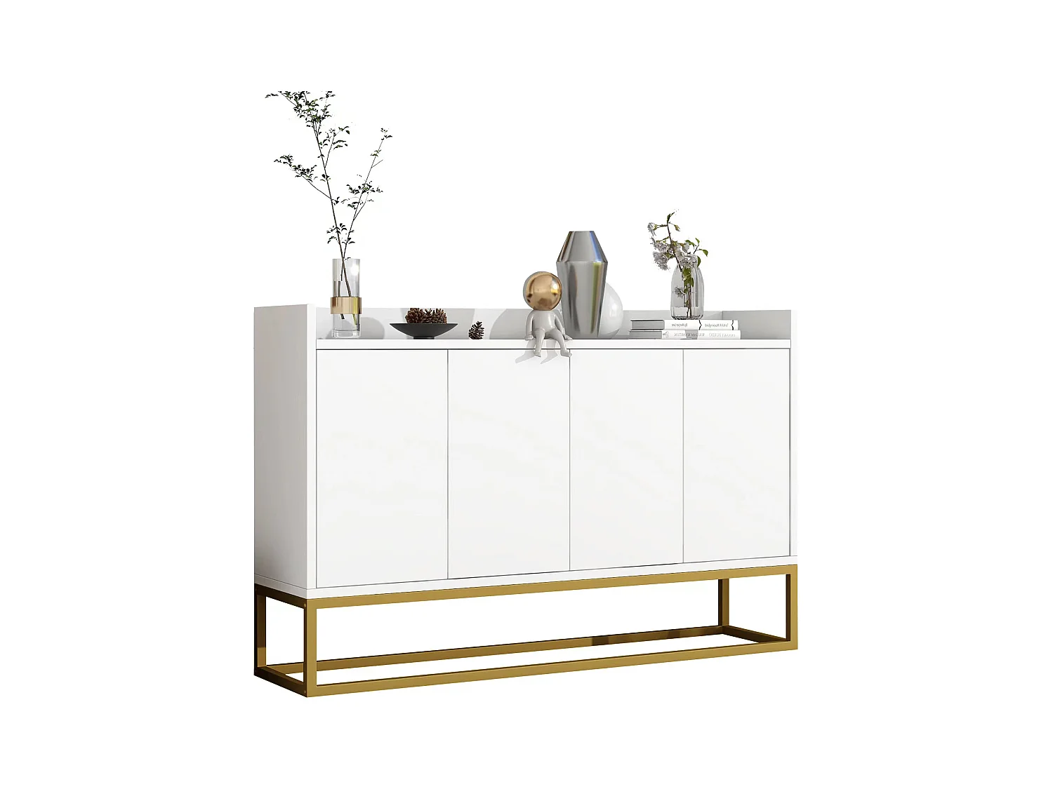 Buffet moderne minimaliste, 4 portes sans poignées, pour salon, cuisine, MDF, blanc (120x30x80 cm)