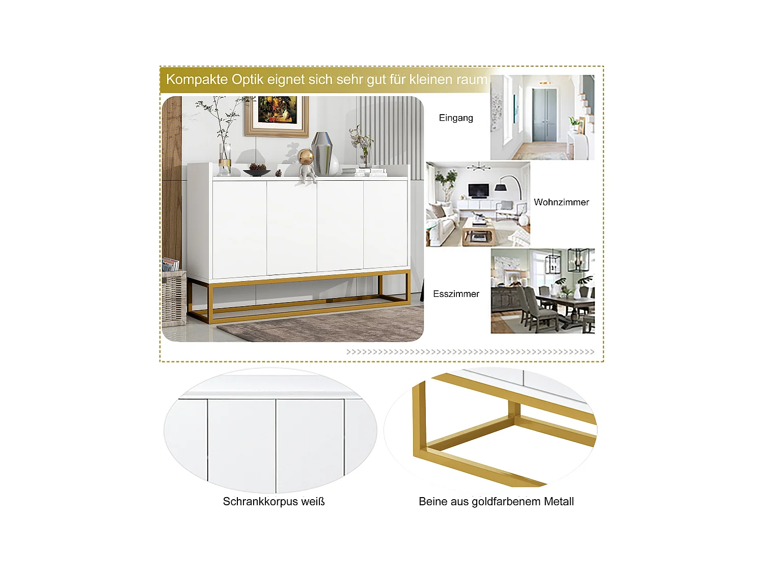 Buffet moderne minimaliste, 4 portes sans poignées, pour salon, cuisine, MDF, blanc (120x30x80 cm)