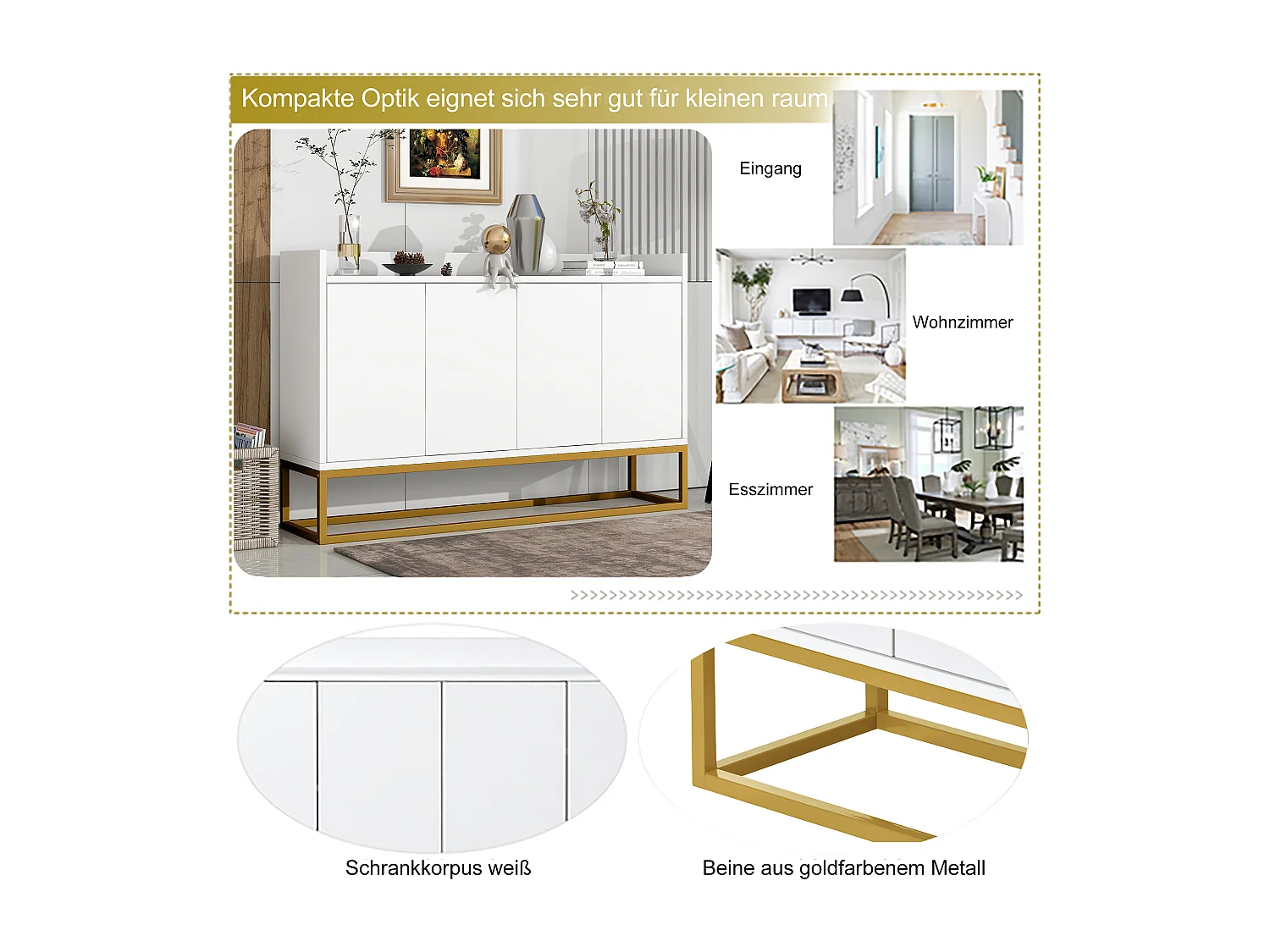 Aparador minimalista moderno, 4 puertas sin tiradores, para salón, cocina, MDF, blanco (120x30x80 cm)