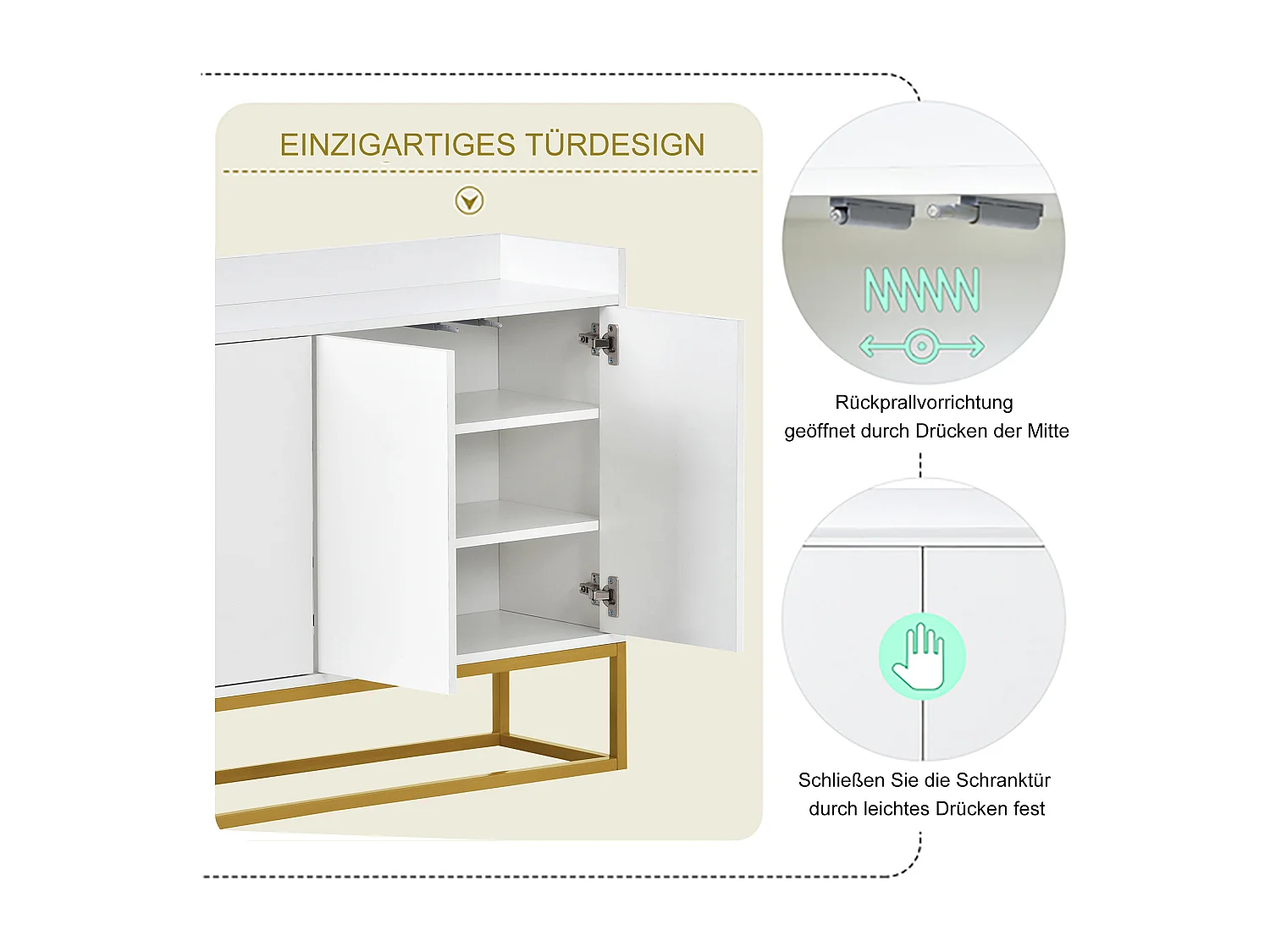 Aparador minimalista moderno, 4 puertas sin tiradores, para salón, cocina, MDF, blanco (120x30x80 cm)