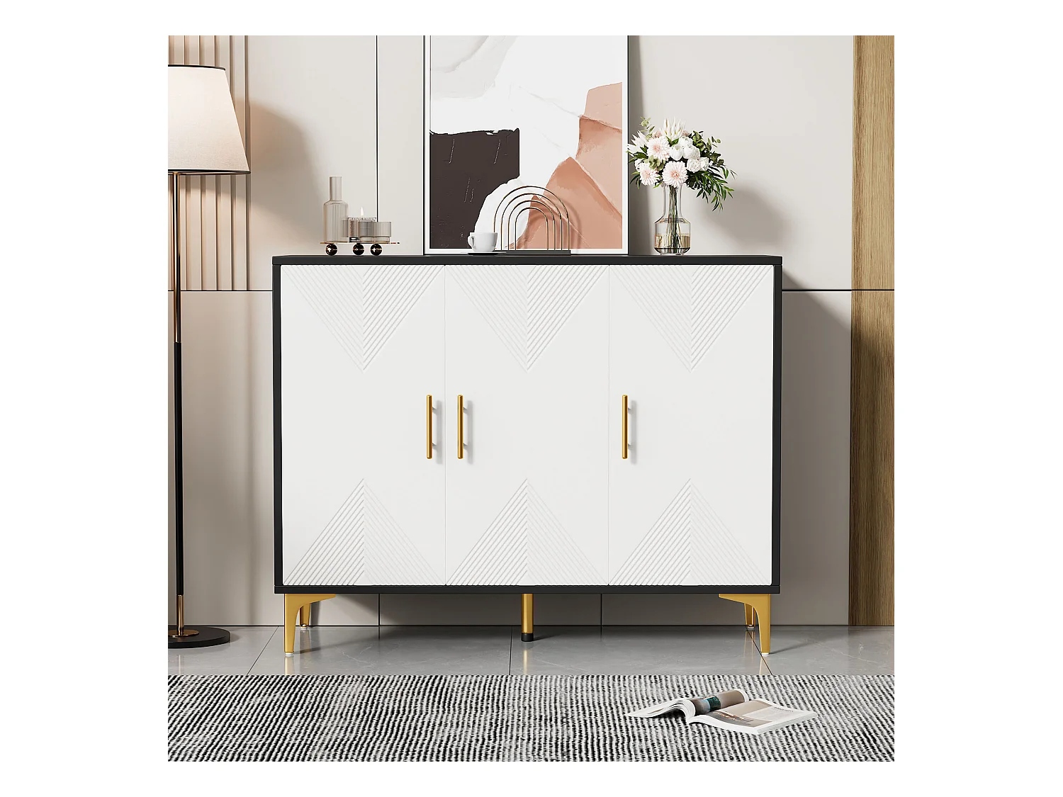 Buffet Boho avec portes blanches à rayures, poignées dorées, pieds dorés, MDF, (120x40x88 cm)