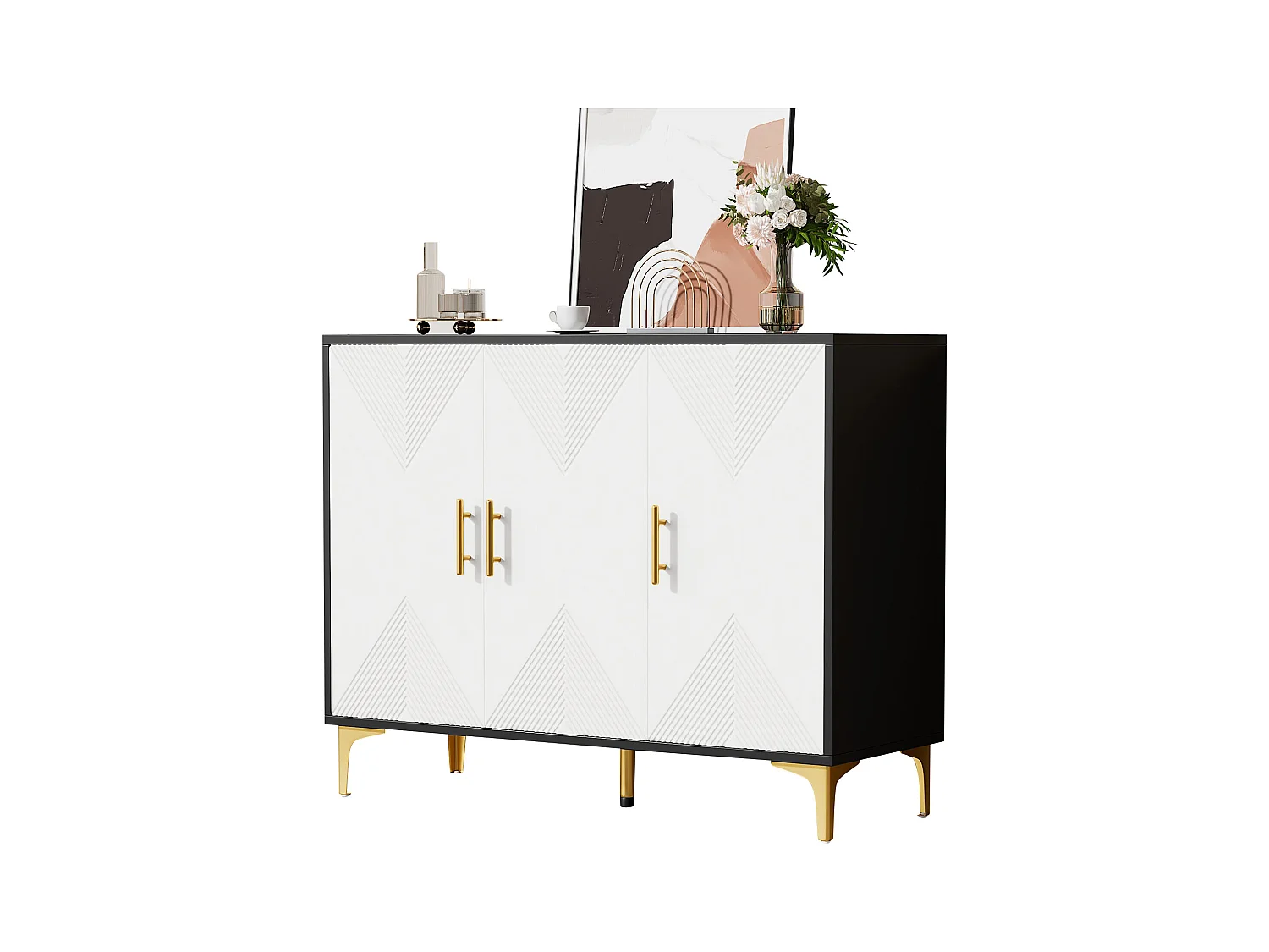 Buffet Boho avec portes blanches à rayures, poignées dorées, pieds dorés, MDF, (120x40x88 cm)
