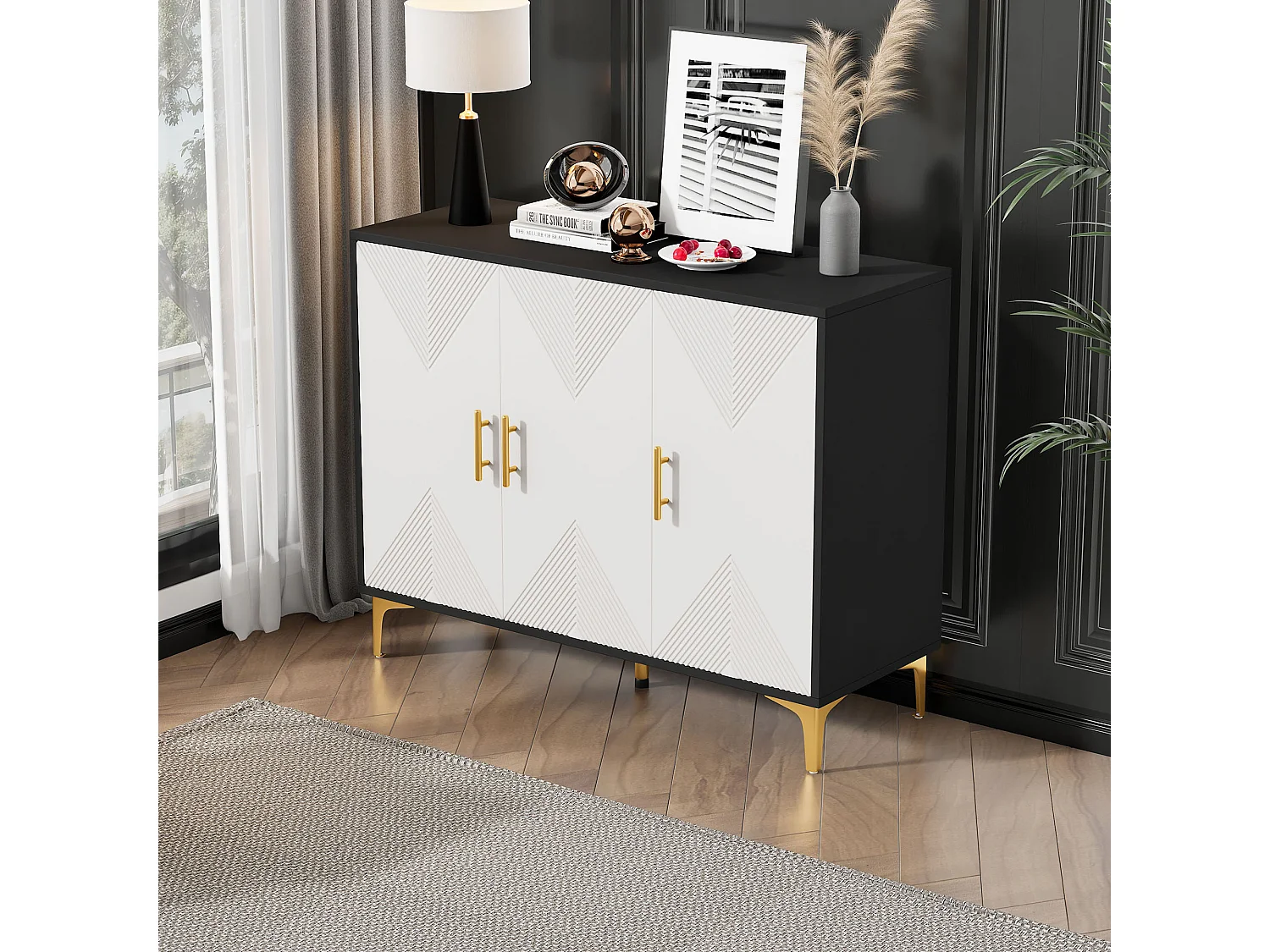 Buffet Boho avec portes blanches à rayures, poignées dorées, pieds dorés, MDF, (120x40x88 cm)