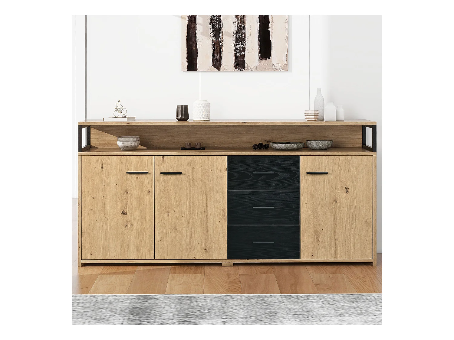 Buffet industriel à 3 portes et 3 tiroirs, meuble de rangement, avec poignées métalliques, en panneau de particules (150x35x75.9 cm)