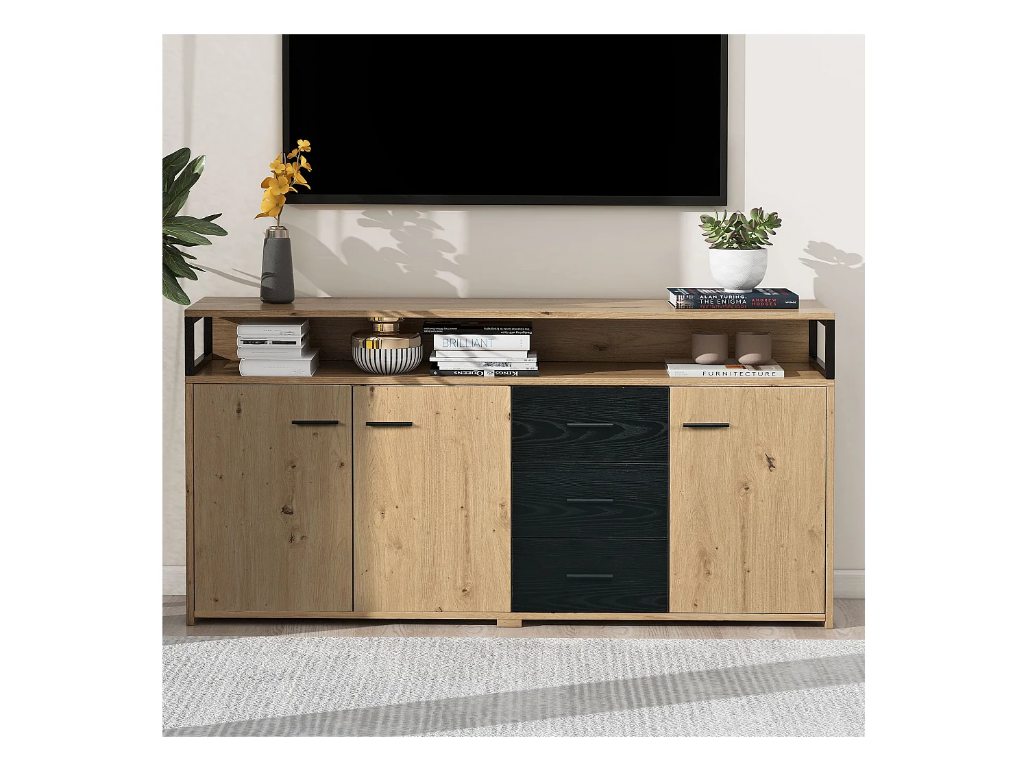 Buffet industriel à 3 portes et 3 tiroirs, meuble de rangement, avec poignées métalliques, en panneau de particules (150x35x75.9 cm)