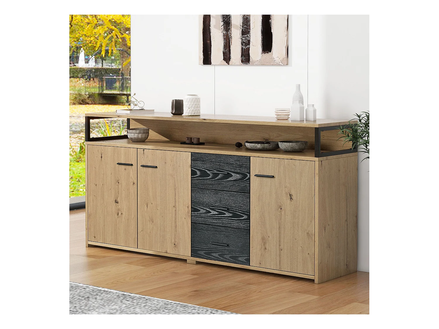 Buffet industriel à 3 portes et 3 tiroirs, meuble de rangement, avec poignées métalliques, en panneau de particules (150x35x75.9 cm)