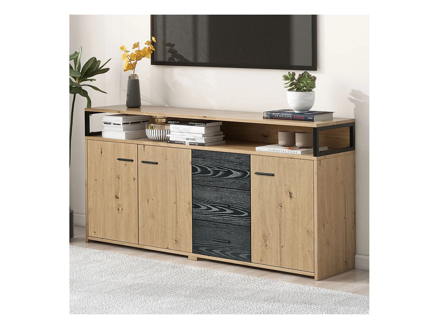 Buffet industriel à 3 portes et 3 tiroirs, meuble de rangement, avec poignées métalliques, en panneau de particules (150x35x75.9 cm)