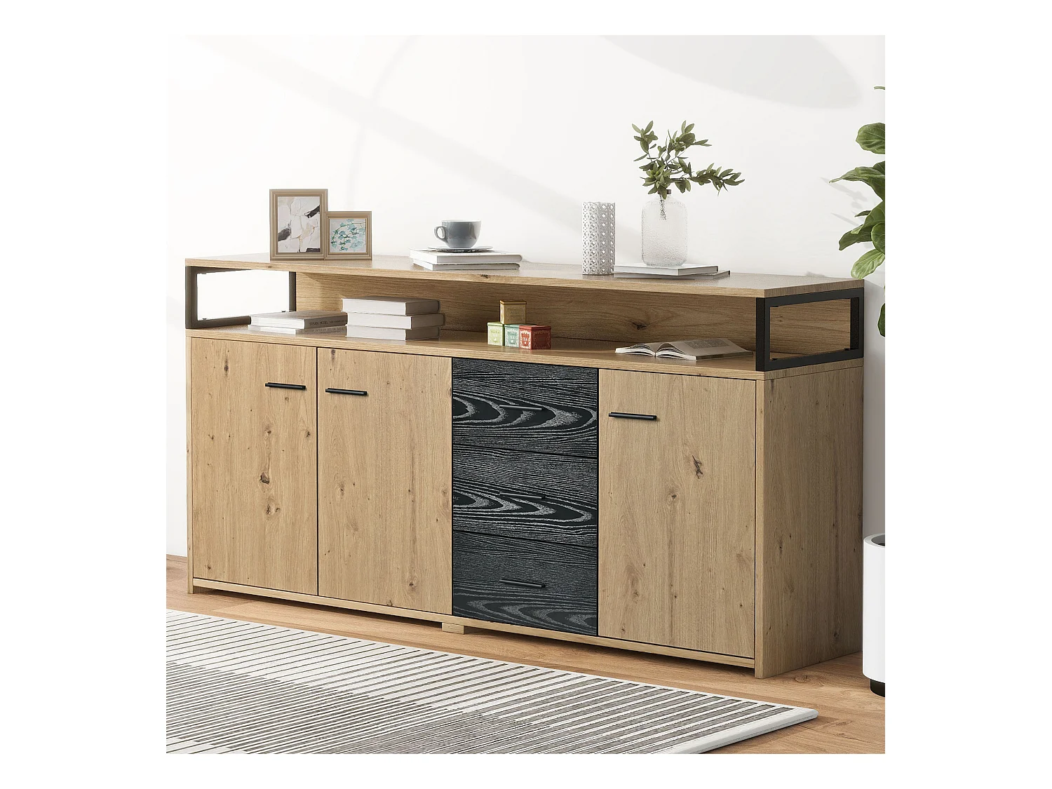 Buffet industriel à 3 portes et 3 tiroirs, meuble de rangement, avec poignées métalliques, en panneau de particules (150x35x75.9 cm)