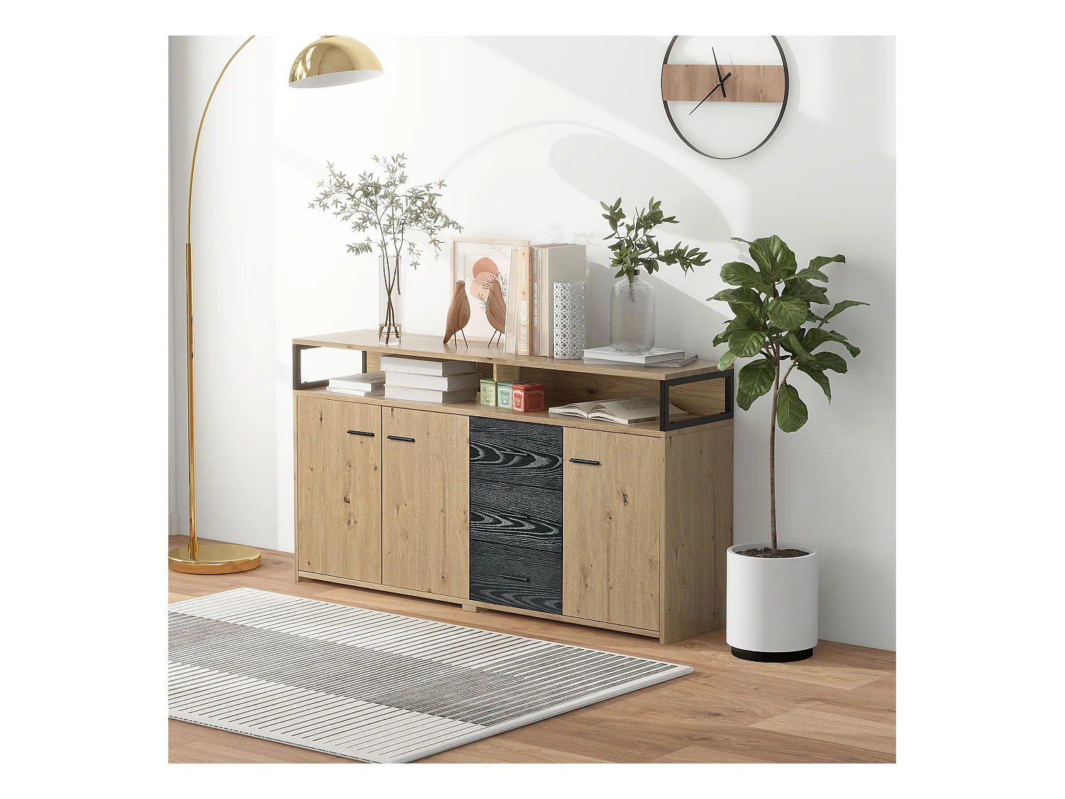 Buffet industriel à 3 portes et 3 tiroirs, meuble de rangement, avec poignées métalliques, en panneau de particules (150x35x75.9 cm)