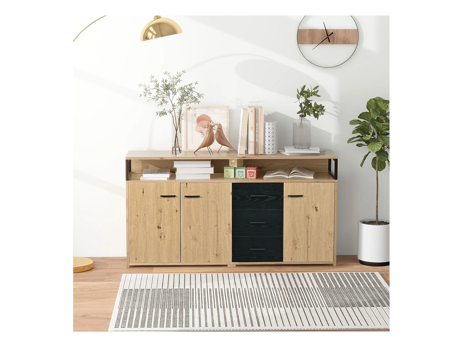 Buffet industriel à 3 portes et 3 tiroirs, meuble de rangement, avec poignées métalliques, en panneau de particules (150x35x75.9 cm)