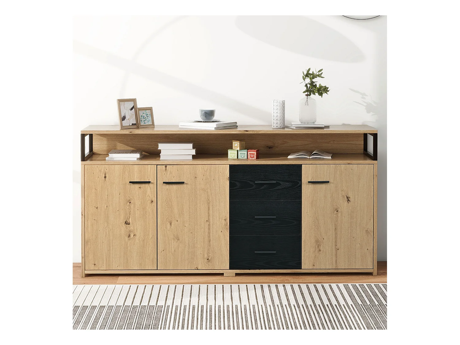 Buffet industriel à 3 portes et 3 tiroirs, meuble de rangement, avec poignées métalliques, en panneau de particules (150x35x75.9 cm)