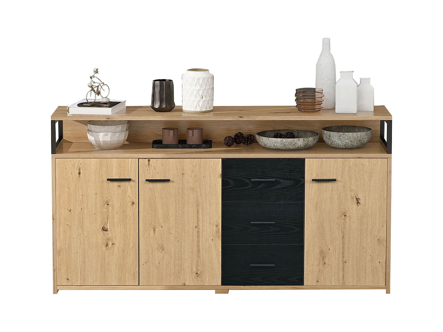 Buffet industriel à 3 portes et 3 tiroirs, meuble de rangement, avec poignées métalliques, en panneau de particules (150x35x75.9 cm)