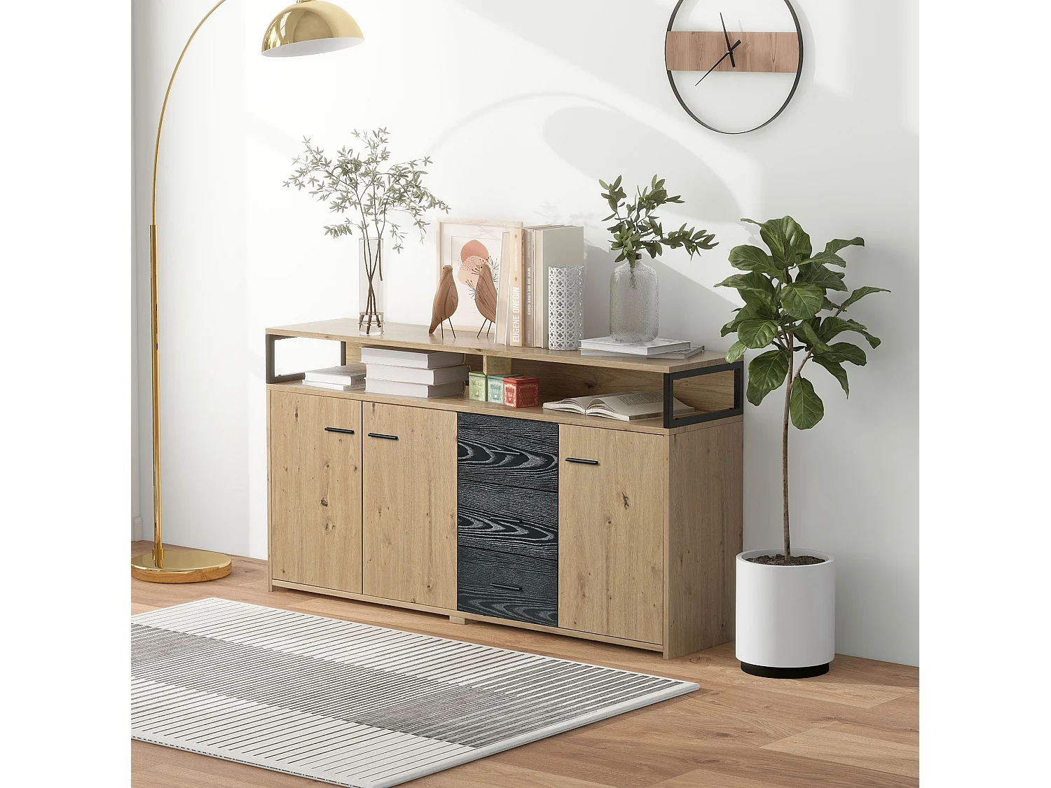 Buffet industriel à 3 portes et 3 tiroirs, meuble de rangement, avec poignées métalliques, en panneau de particules (150x35x75.9 cm)