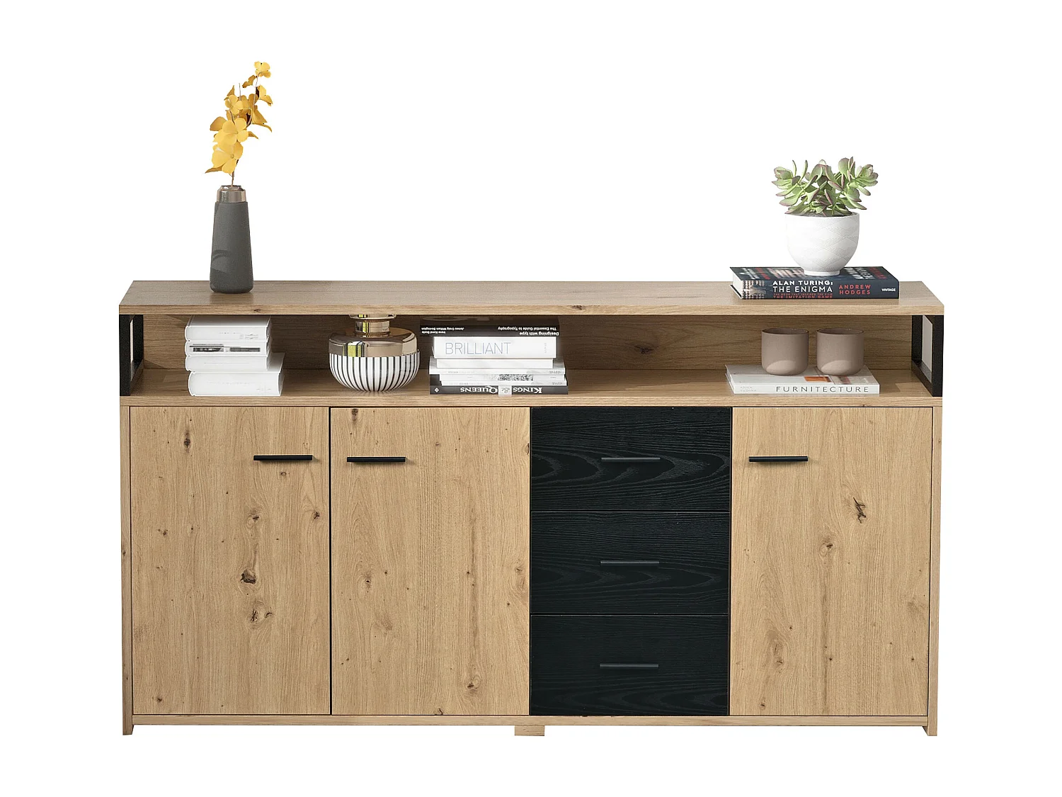 Buffet industriel à 3 portes et 3 tiroirs, meuble de rangement, avec poignées métalliques, en panneau de particules (150x35x75.9 cm)