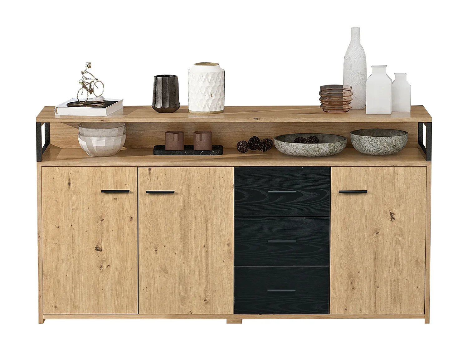 Buffet industriel à 3 portes et 3 tiroirs, meuble de rangement, avec poignées métalliques, en panneau de particules (150x35x75.9 cm)