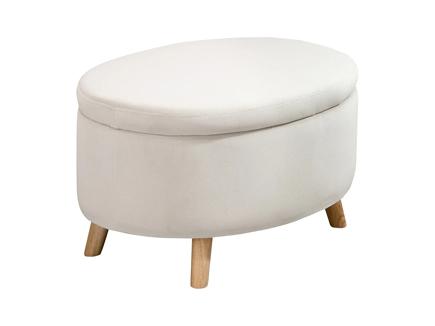 Banc de rangement ovale, velours beige, pieds en bois, avec compartiment secret (71x51.5x42cm)