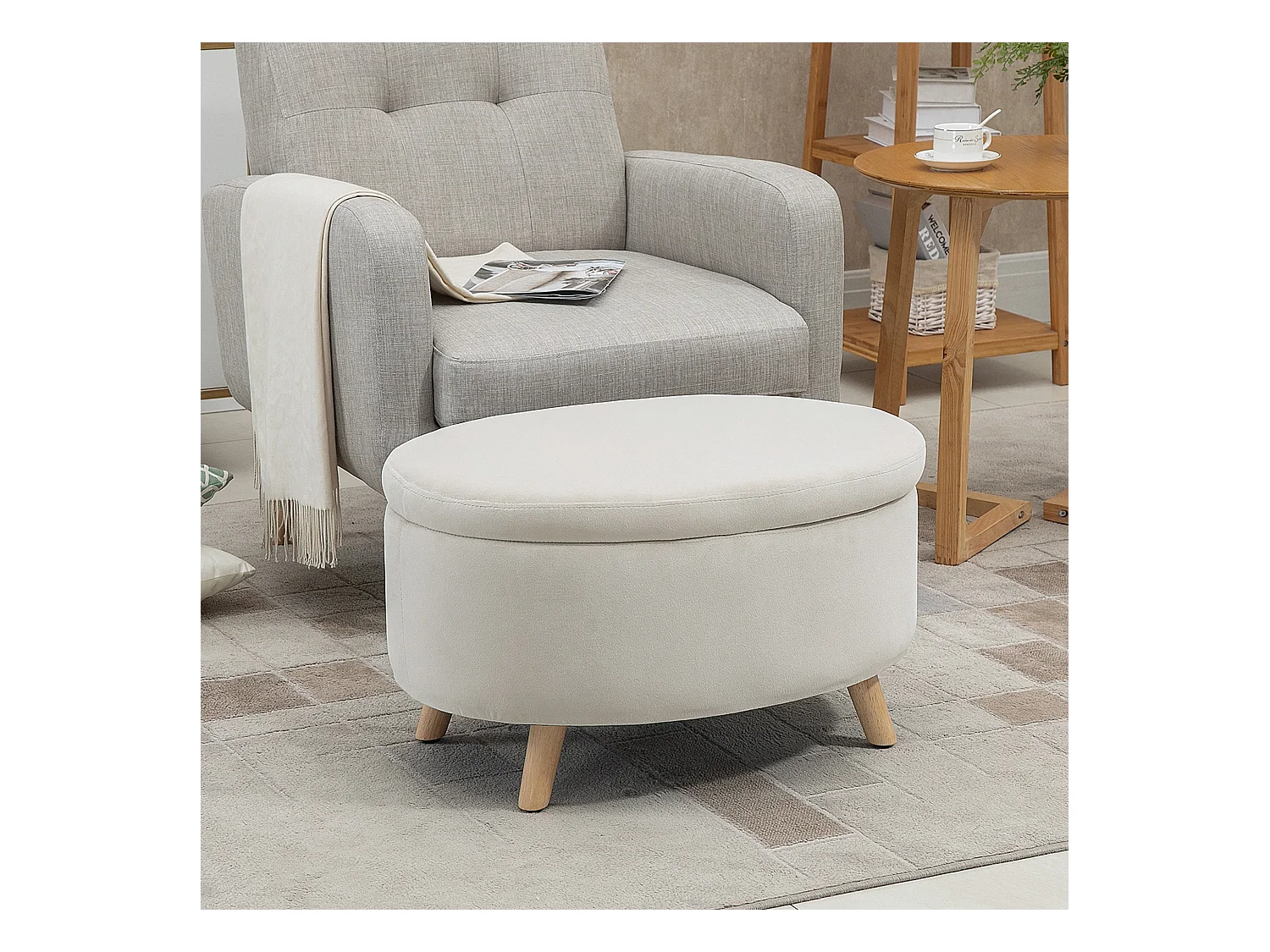 Banc de rangement ovale, velours beige, pieds en bois, avec compartiment secret (71x51.5x42cm)