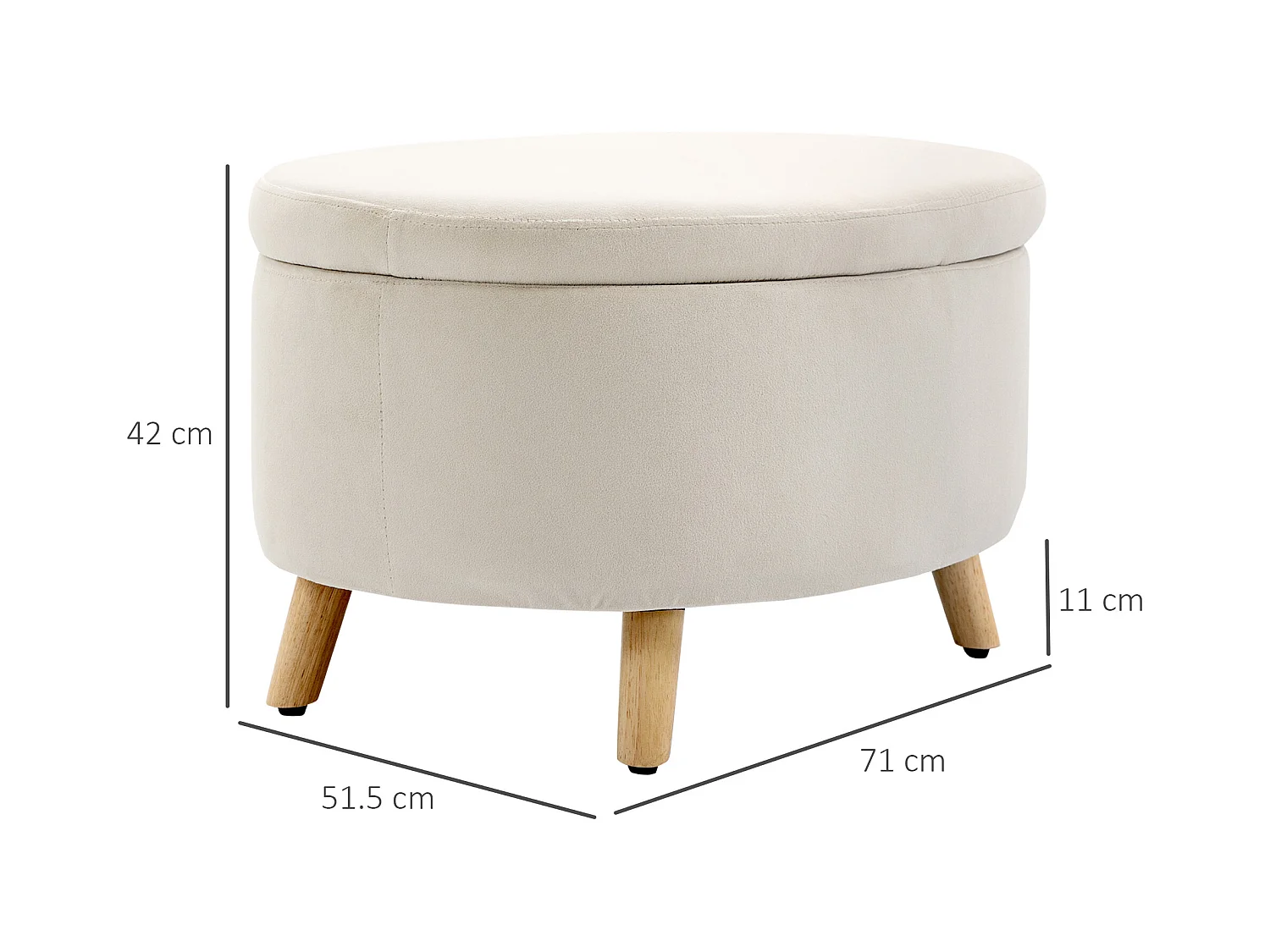 Banc de rangement ovale, velours beige, pieds en bois, avec compartiment secret (71x51.5x42cm)